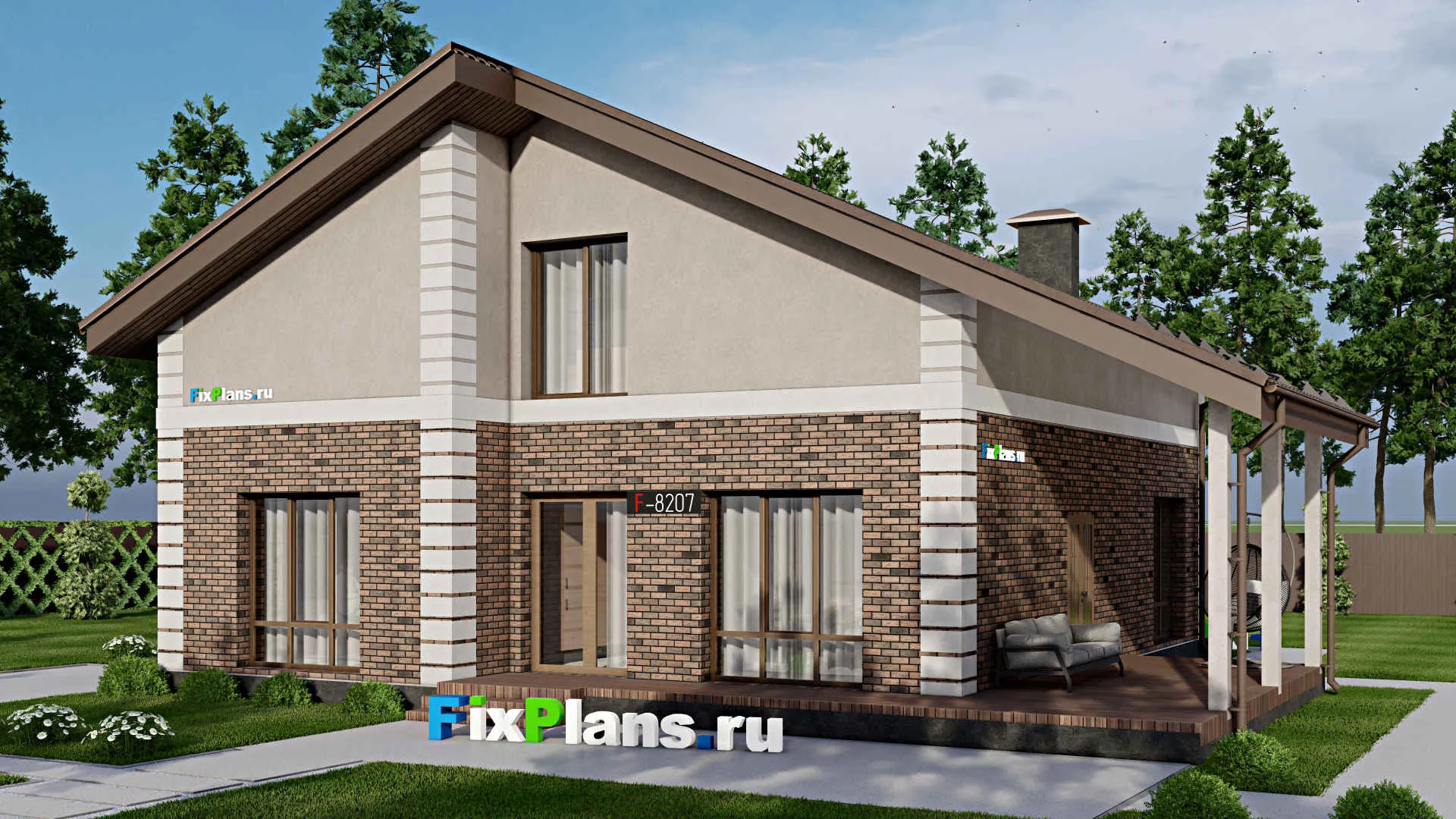 F-8207 - Проект дома с мансардой 12 на 14, площадью 240 м² с террасой и 1 спальнями