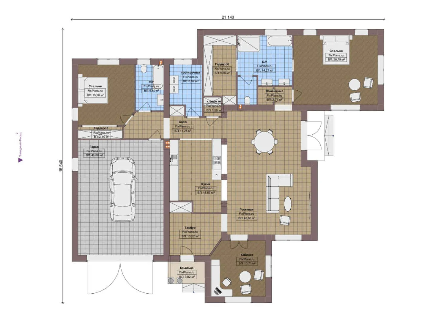 F-20330 - План одноэтажного дома 19 на 22, площадью 240 м² с гаражом на 2 машины и 2 спальнями
