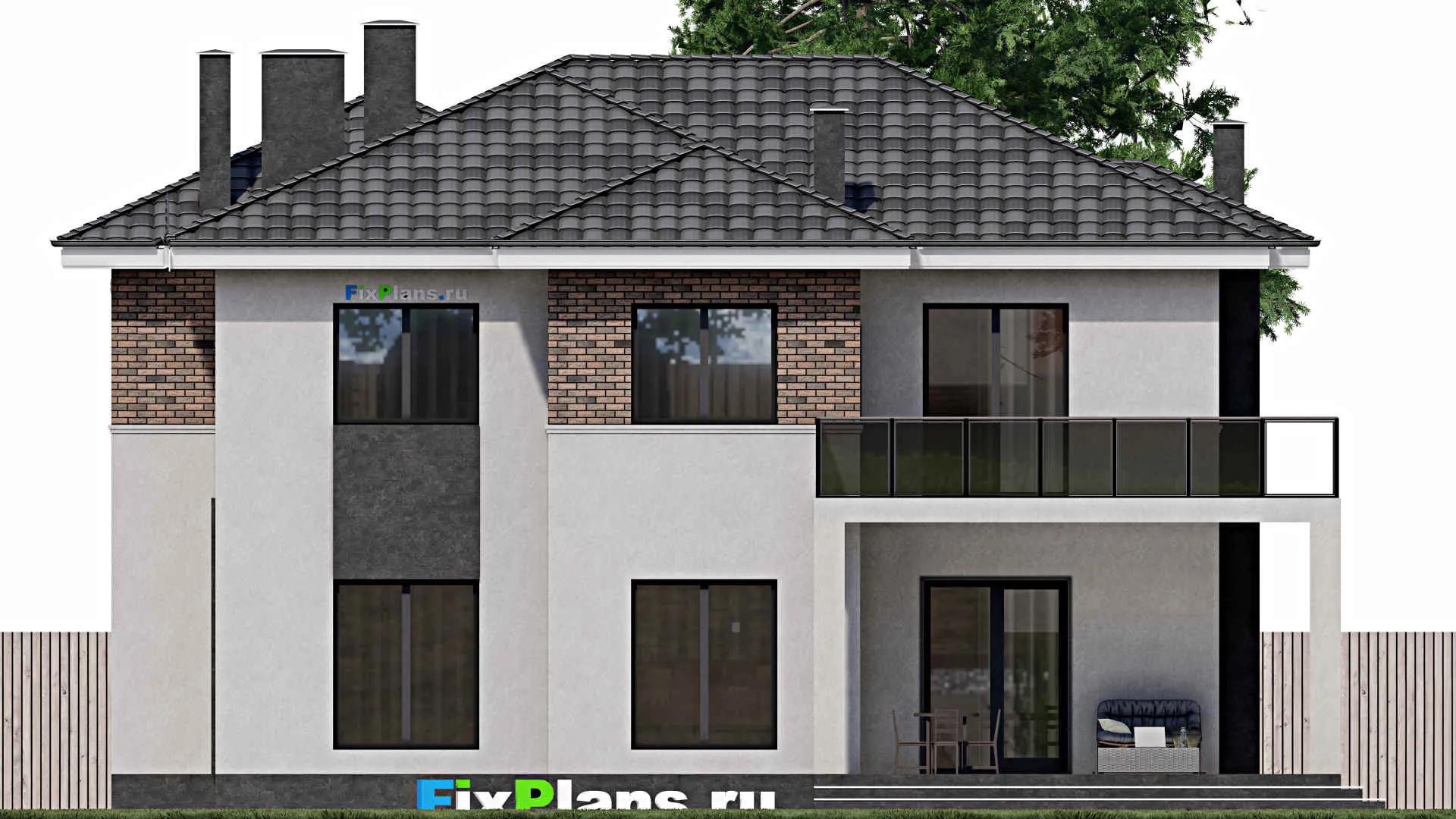 F-1088 - Проект двухэтажного дома 14 на 15, площадью 250 м² с террасой, балконом, вторым светом и 5 спальнями