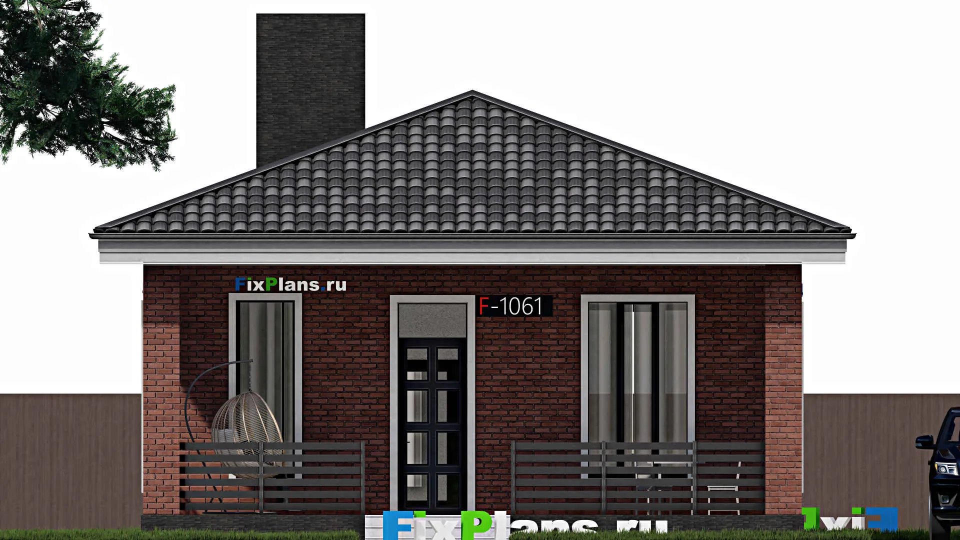 F-1061 - Проект одноэтажного дома 10 на 11, площадью 100 м² с террасой и 1 спальнями