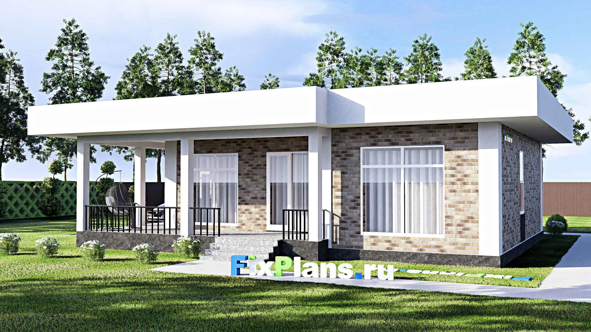 F-12446 - Проект одноэтажного дома 13 на 15, площадью 130 м² с террасой и 3 спальнями