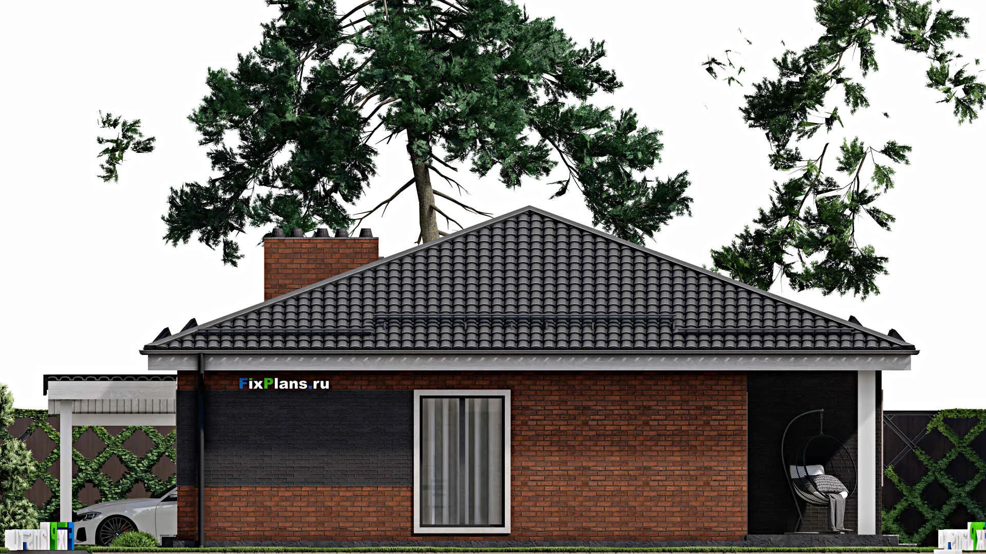 F-3509 - Проект одноэтажного дома 12 на 12, площадью 150 м² с террасой, баней и 2 спальнями