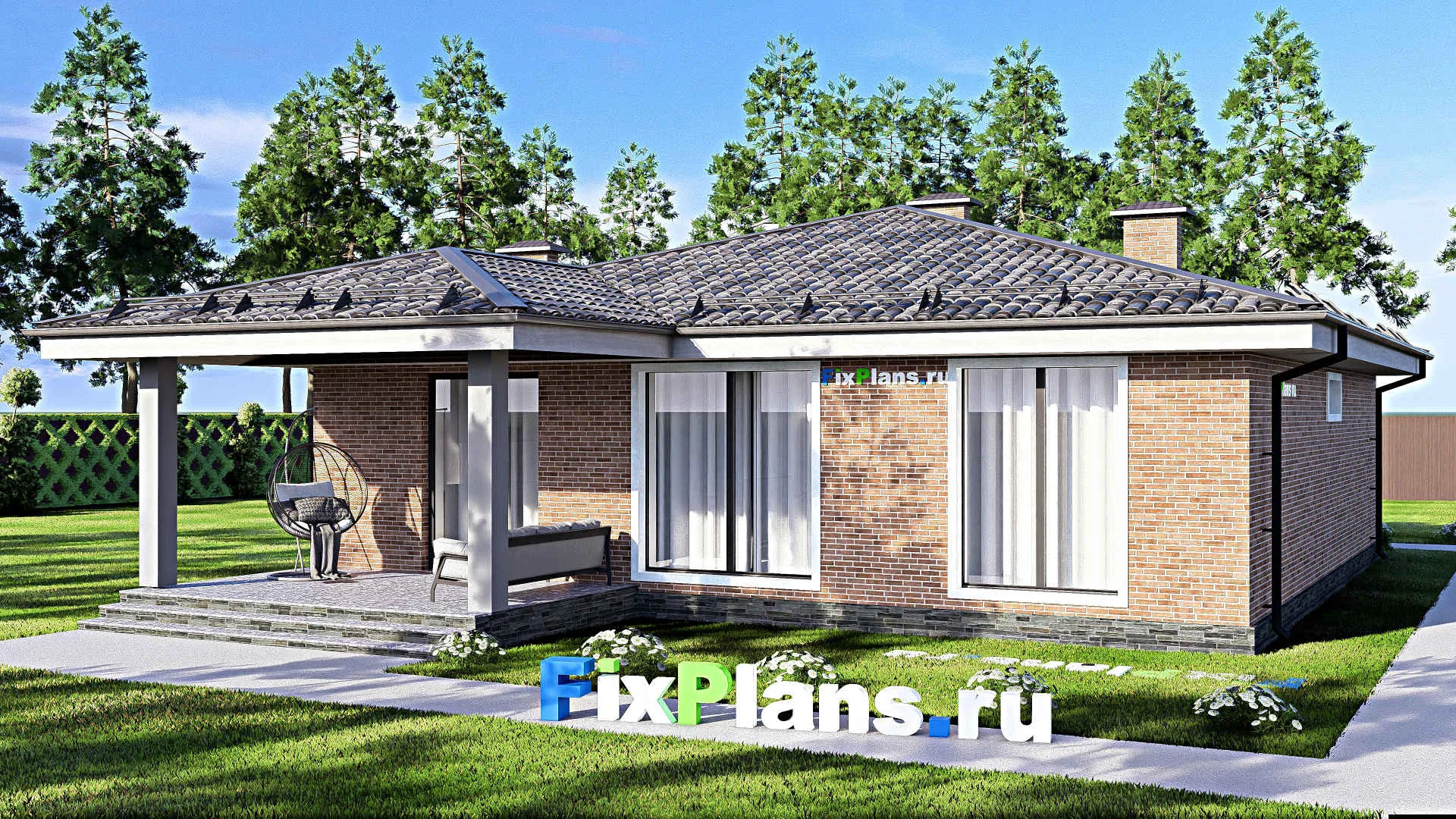 F-12455 - Проект одноэтажного дома 13 на 17, площадью 140 м² с террасой и 3 спальнями