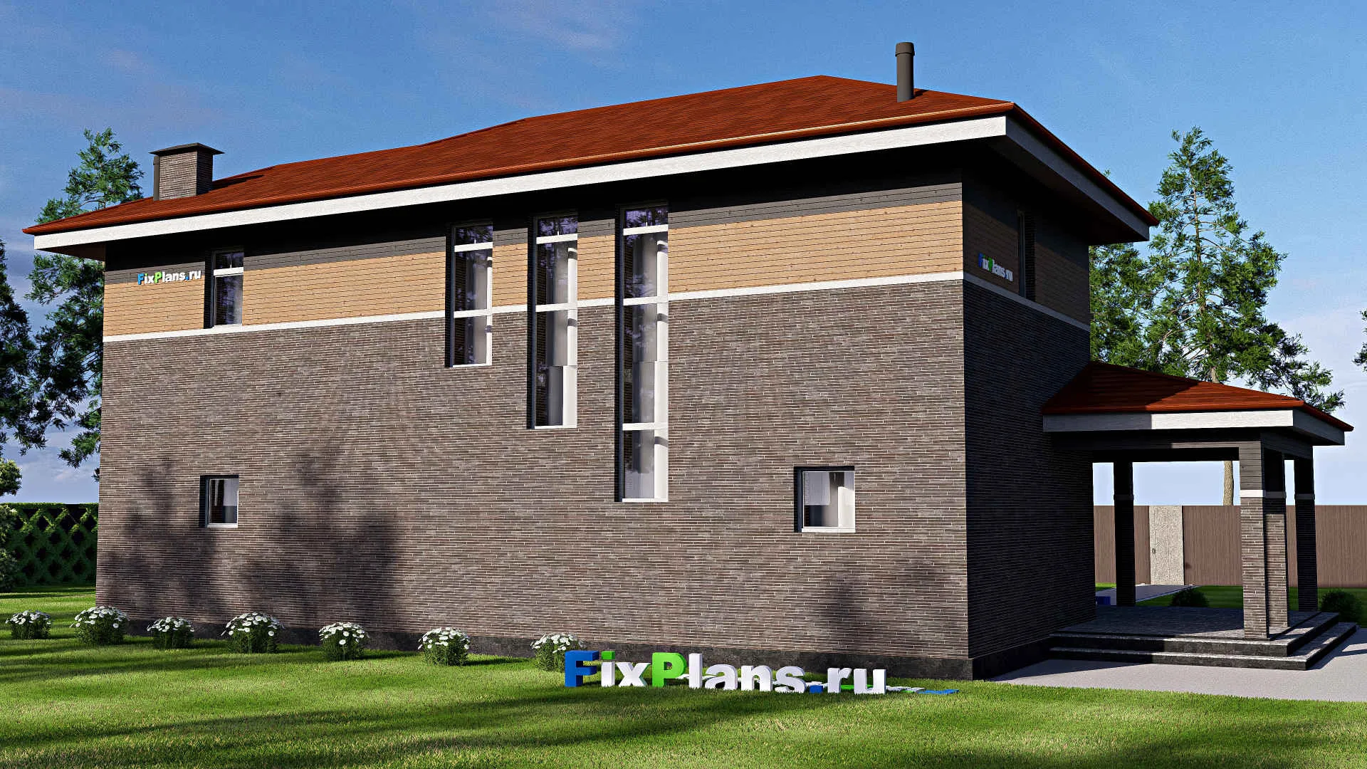 F-18809 - Проект двухэтажного дома 12 на 20, площадью 250 м² с террасой и 2 спальнями