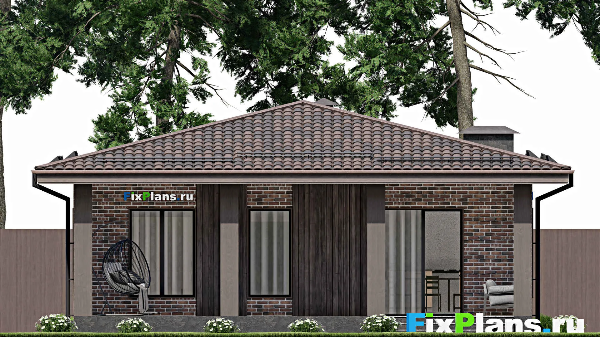 F-4112 - Проект одноэтажного дома 11 на 11, площадью 130 м² с террасой и 3 спальнями