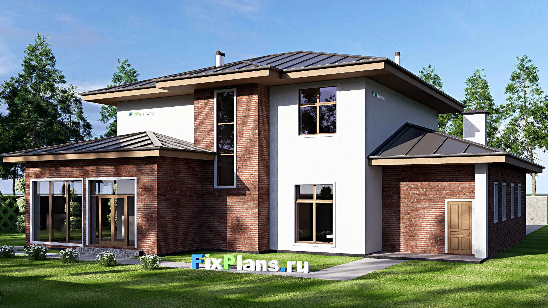 F-18215 - Проект двухэтажного дома 19 на 20, площадью 360 м² с террасой, балконом, гаражом на 1 машину и 5 спальнями