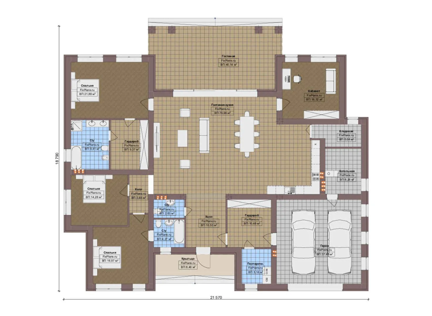 F-13580 - План одноэтажного дома 19 на 22, площадью 310 м² с гаражом на 2 машины и 3 спальнями