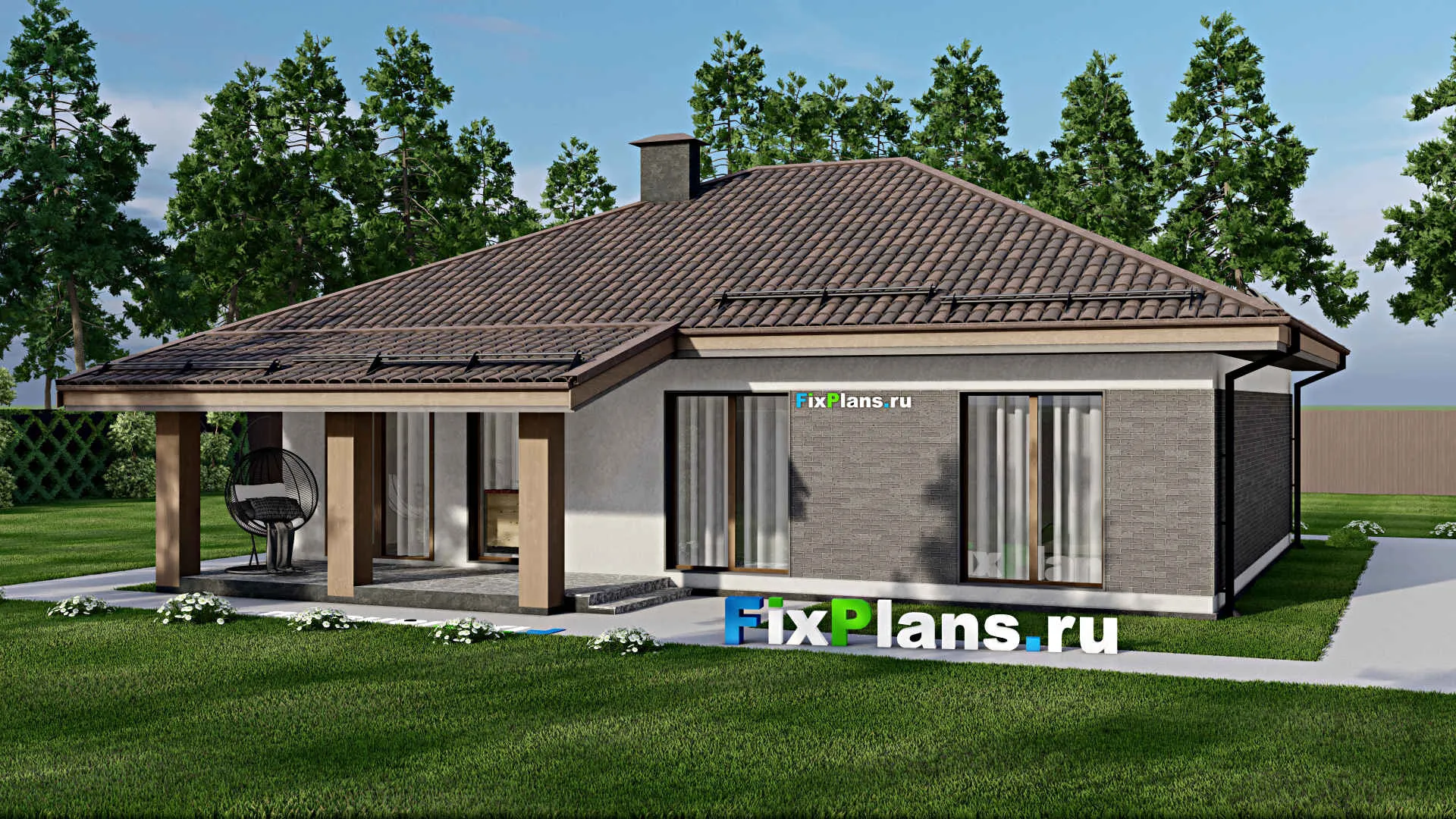 F-6713 - Проект одноэтажного дома 11 на 14, площадью 140 м² с террасой и 3 спальнями