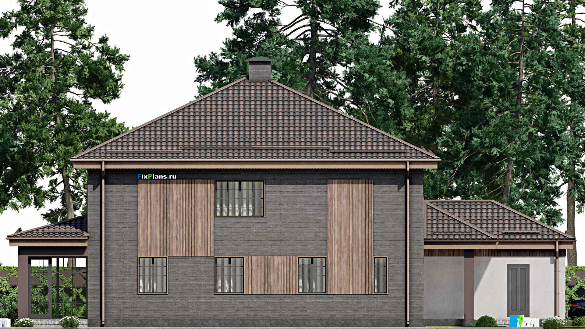 F-8288 - Проект двухэтажного дома 14 на 22, площадью 320 м² с террасой, гаражом на 1 машину и 5 спальнями