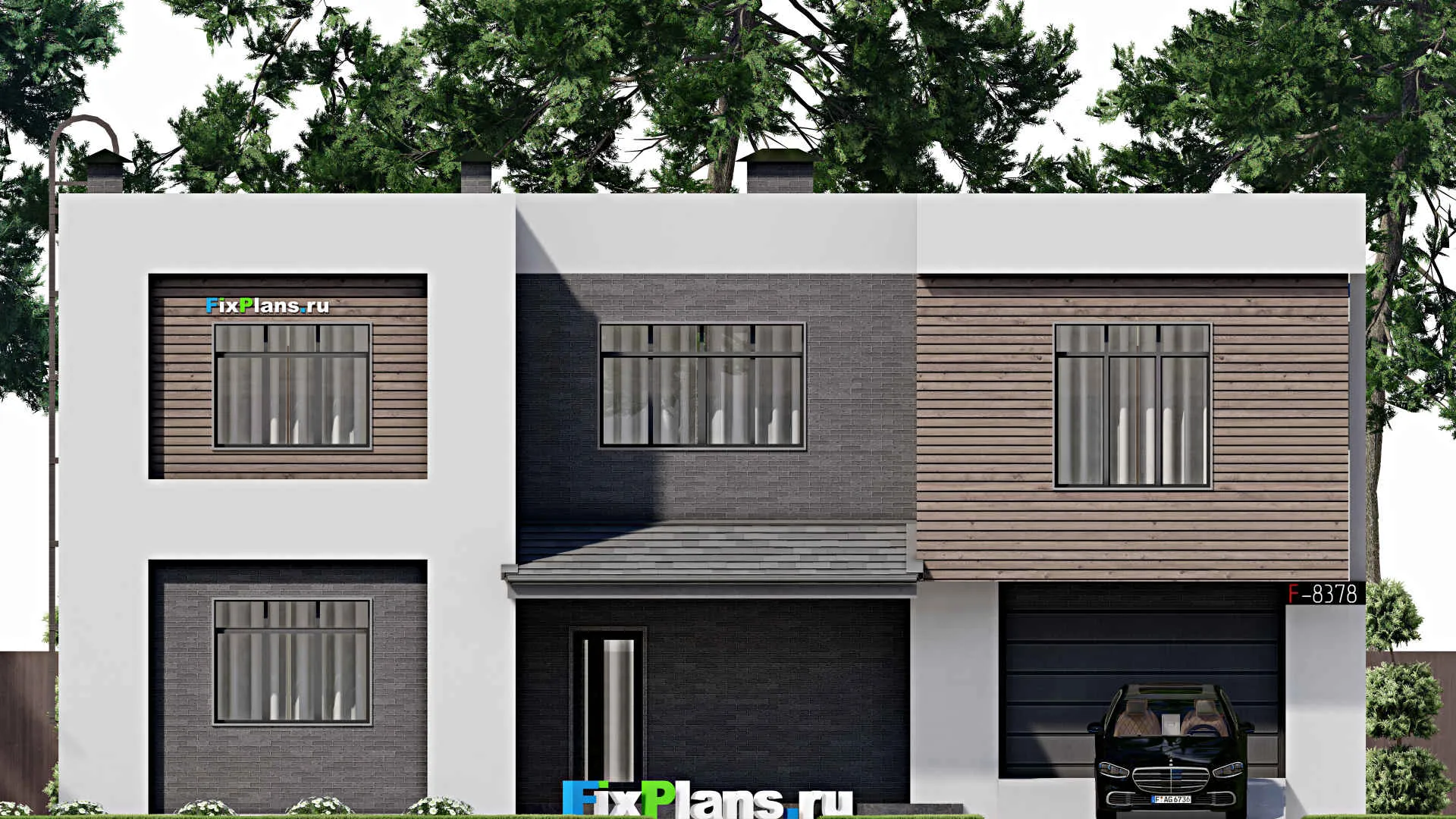 F-8378 - Планы двухэтажного дома 14 на 16, площадью 310 м² с террасой, балконом, гаражом на 1 машину и 4 спальнями