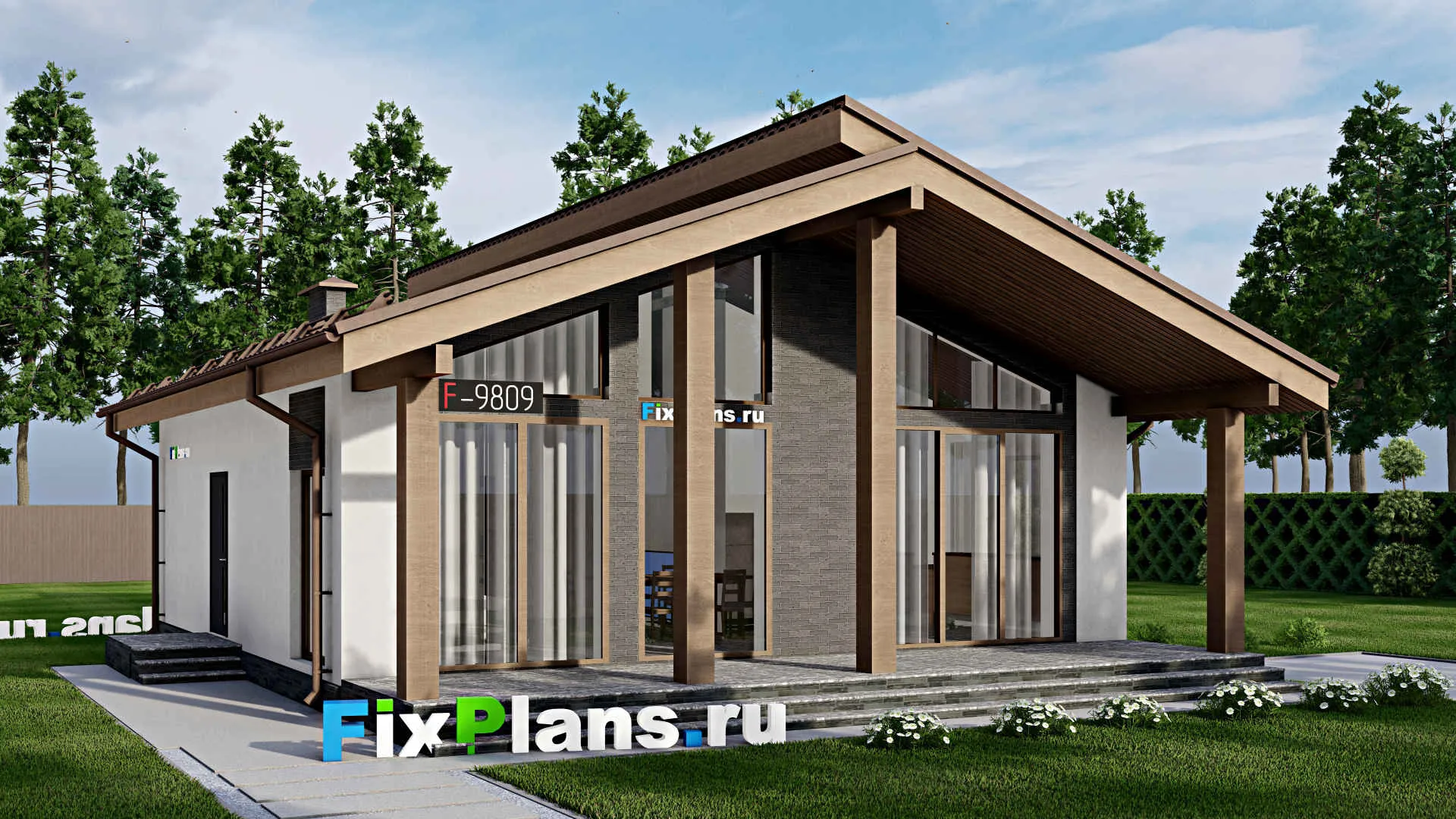 F-9809 - Проект одноэтажного дома 12 на 13, площадью 110 м² с террасой, баней и 2 спальнями