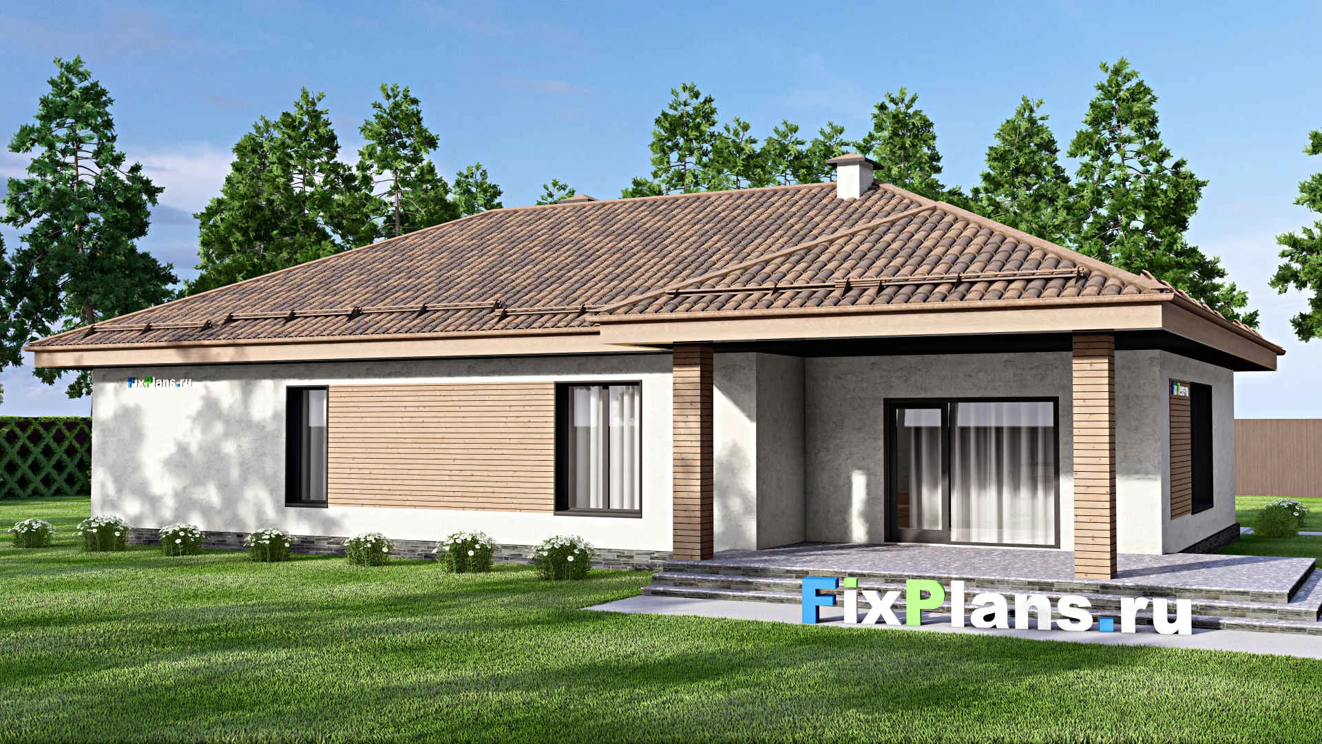 F-12572 - План одноэтажного дома 13 на 14, площадью 180 м² с террасой, гаражом на 2 машины и 2 спальнями