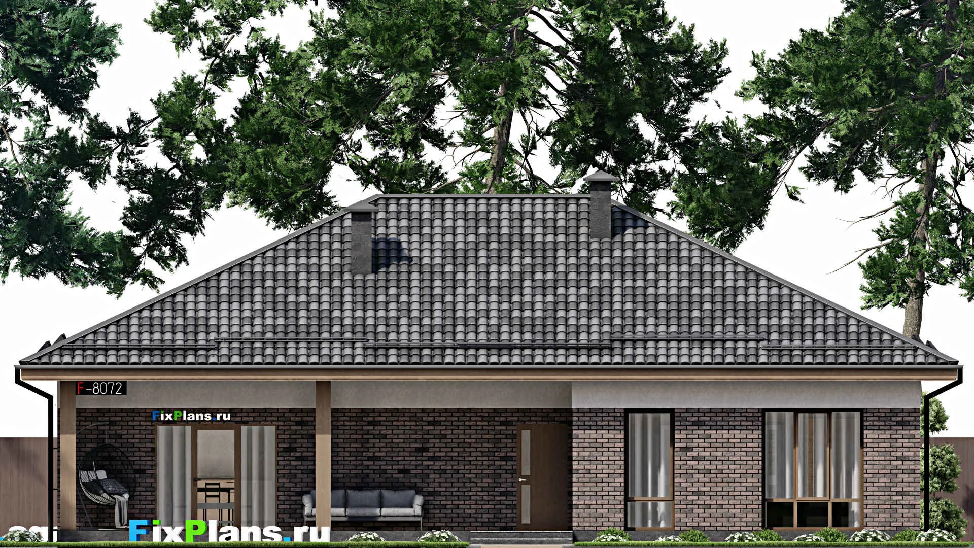 F-8072 - Проект одноэтажного дома 13 на 17, площадью 180 м² с террасой и 4 спальнями