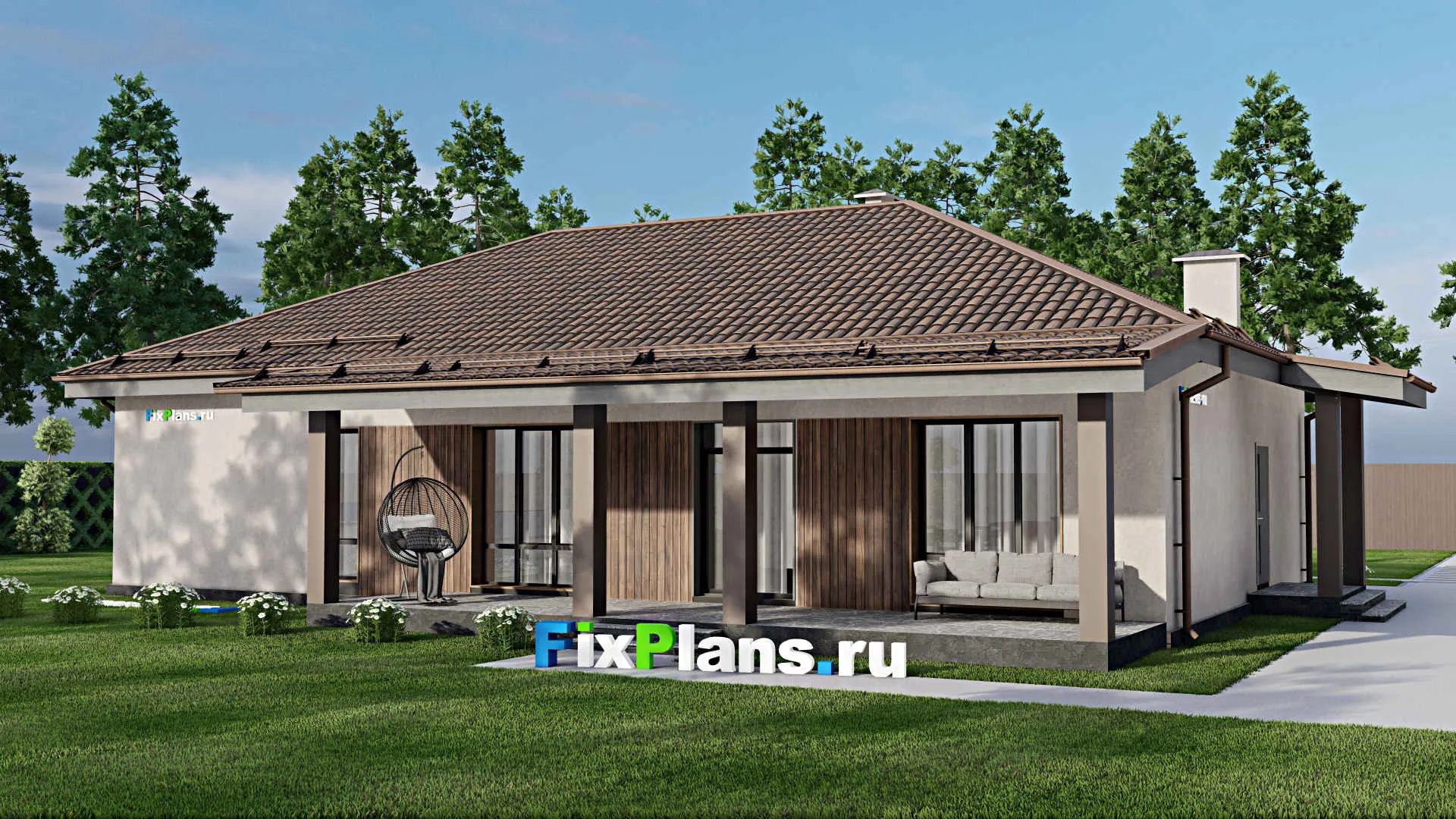 F-8747 - План одноэтажного дома 14 на 18, площадью 180 м² с террасой и 5 спальнями