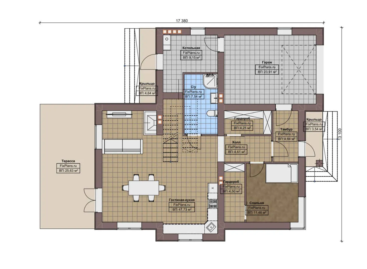 F-8774 - Планы двухэтажного дома 14 на 18, площадью 270 м² с террасой, балконом, гаражом на 1 машину и 4 спальнями