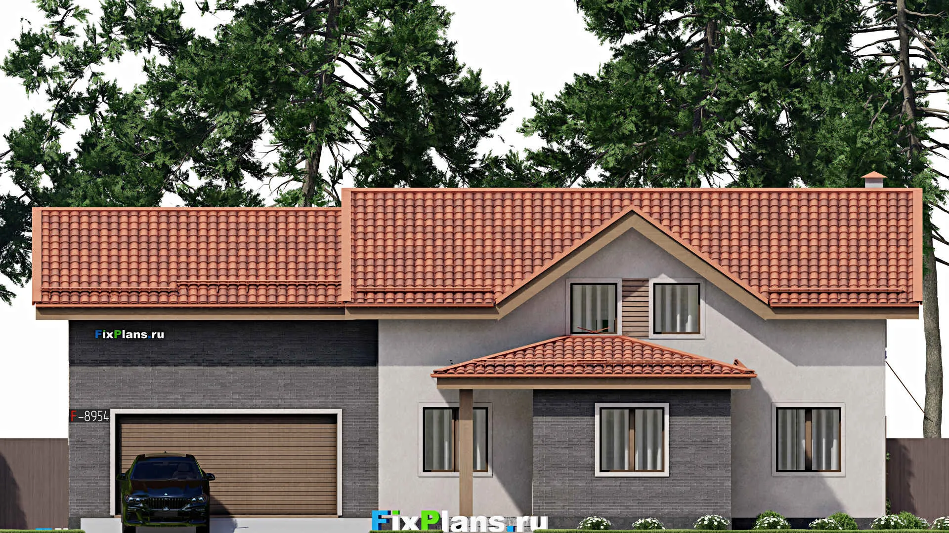 F-8954 - Проект дома с мансардой 12 на 19, площадью 250 м² с гаражом на 2 машины и 5 спальнями