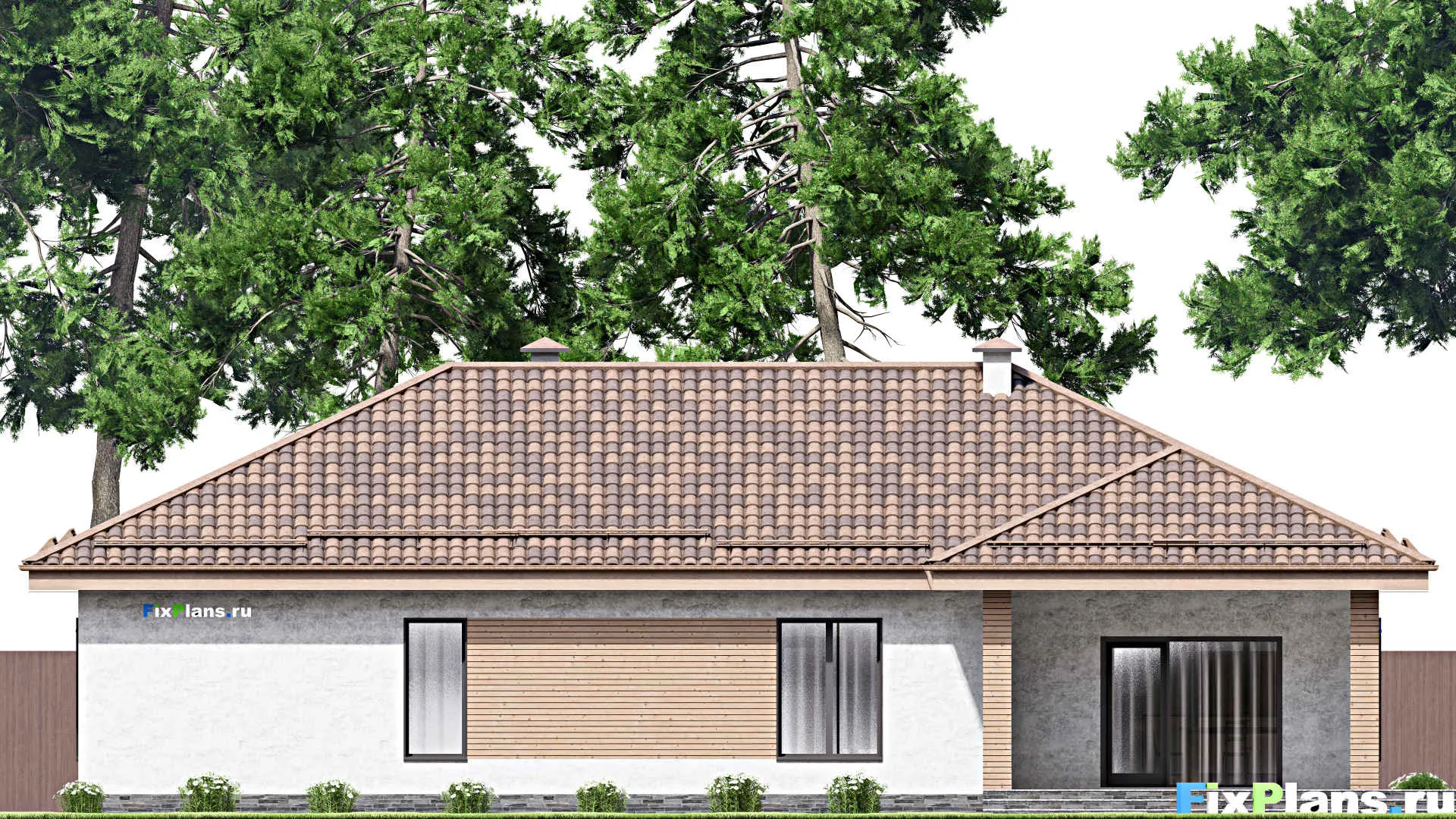 F-12572 - План одноэтажного дома 13 на 14, площадью 180 м² с террасой, гаражом на 2 машины и 2 спальнями