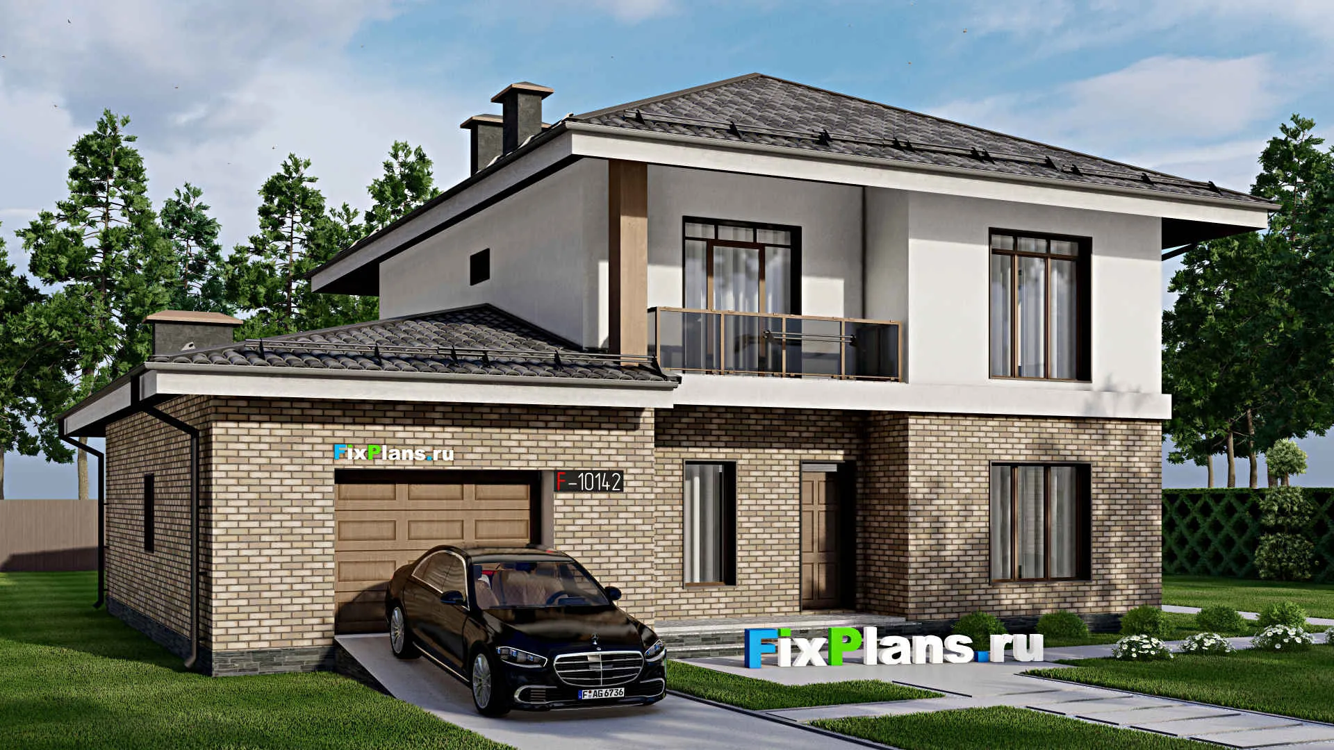 F-10142 - Проект двухэтажного дома 15 на 17, площадью 250 м² с террасой, балконом, гаражом на 2 машины и 4 спальнями