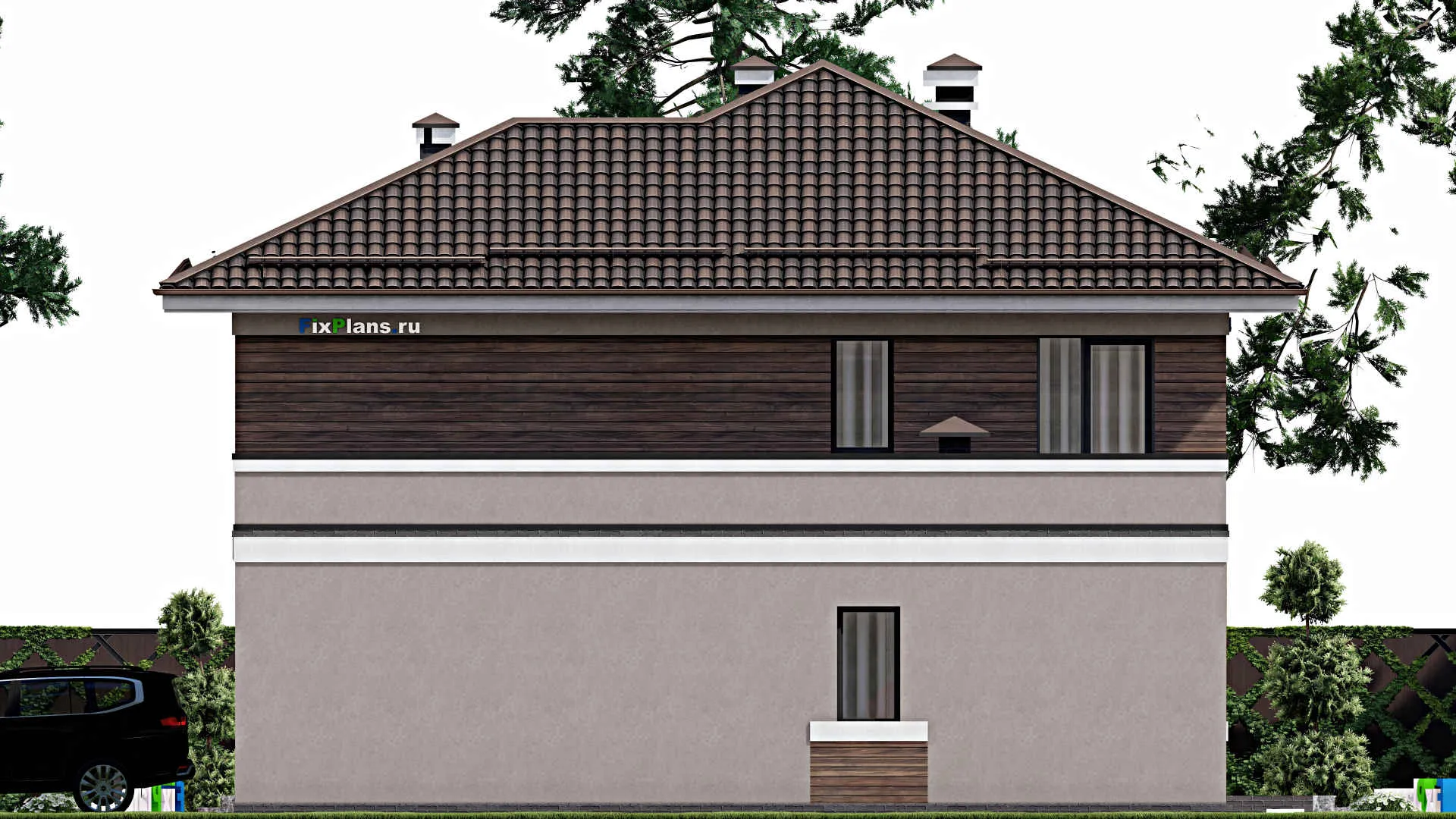 F-8594 - Проект двухэтажного дома 13 на 17, площадью 300 м² с террасой, балконом, гаражом на 2 машины и 4 спальнями