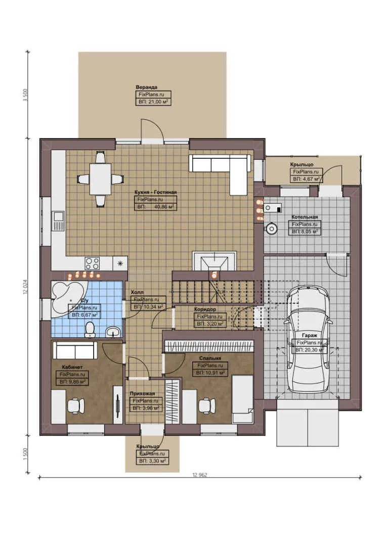 F-0908 - Планы дома с мансардой 13 на 13, площадью 260 м² с террасой, балконом, гаражом на 1 машину и 4 спальнями