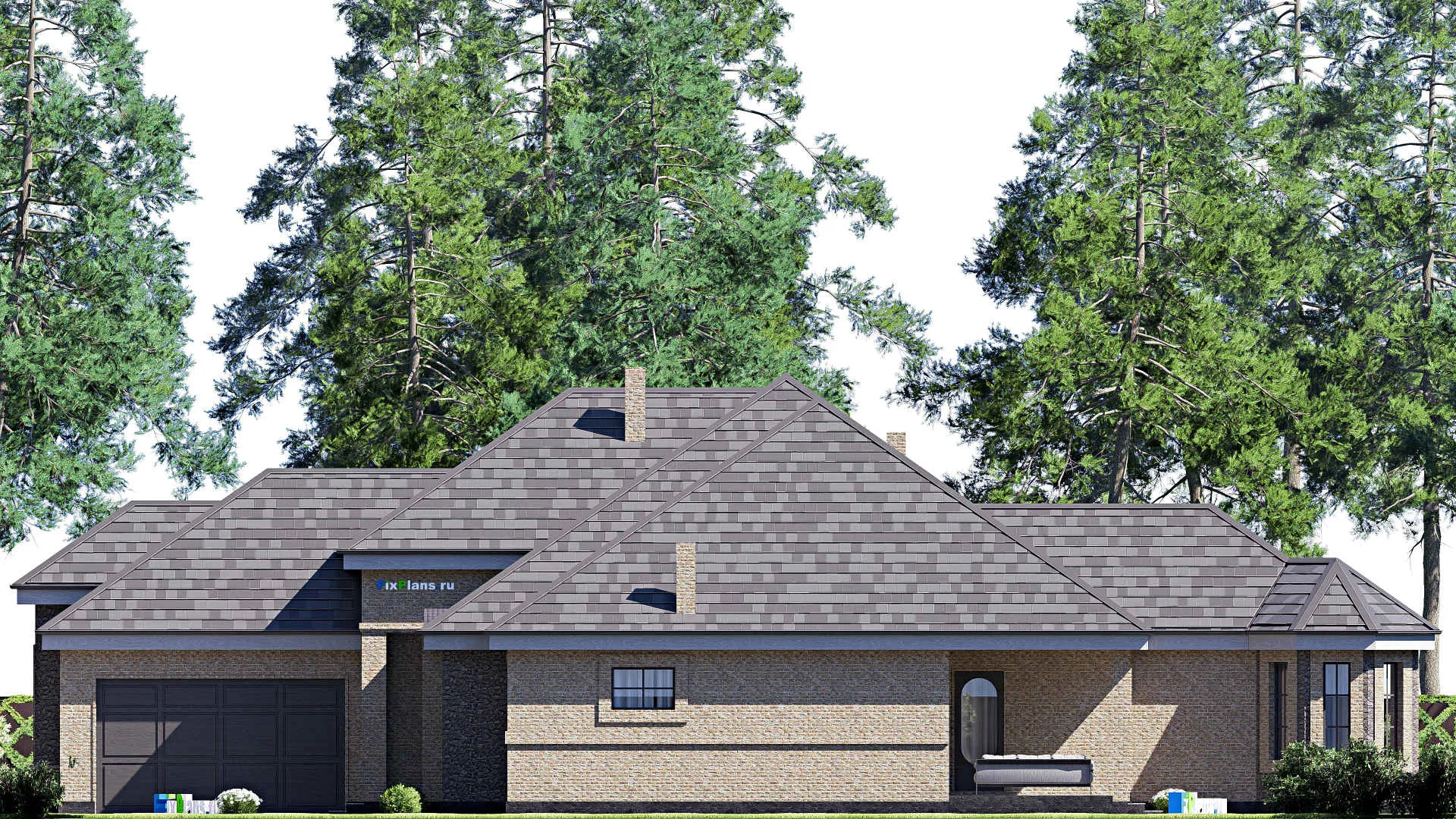 F-17189 - План одноэтажного дома 17 на 28, площадью 280 м² с террасой, гаражом на 2 машины и 3 спальнями