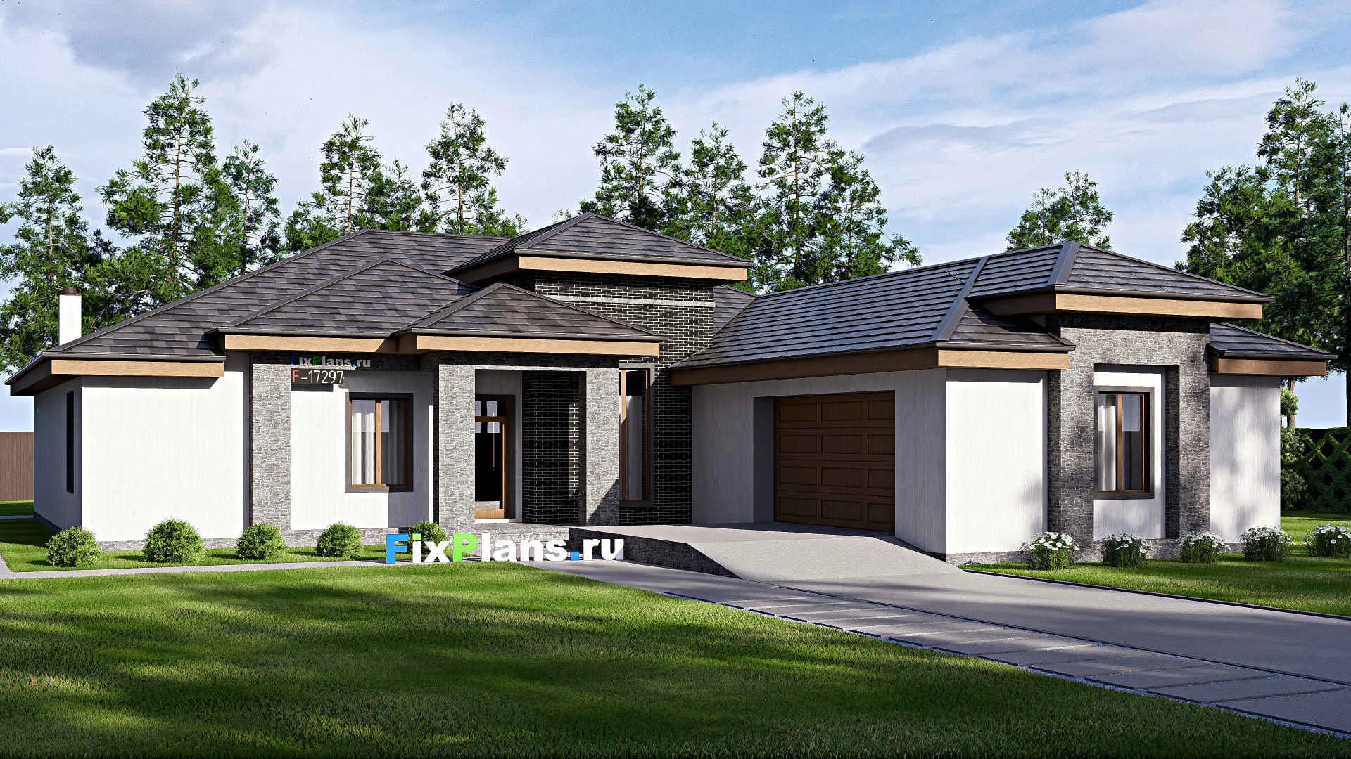 F-17297 - Проект одноэтажного дома 20 на 24, площадью 300 м² с террасой, гаражом на 2 машины и 4 спальнями