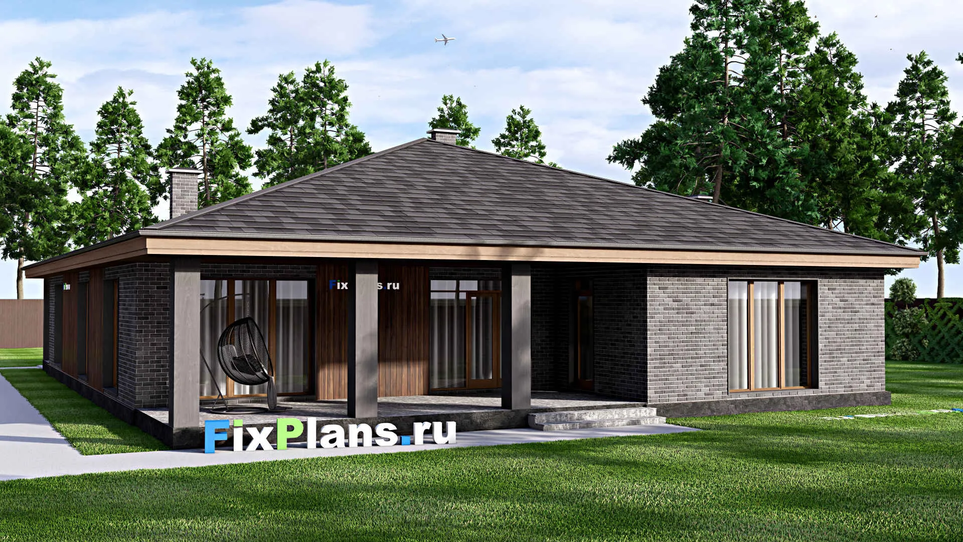 F-14507 - Проект одноэтажного дома 16 на 25, площадью 300 м² с террасой, гаражом на 2 машины и 4 спальнями