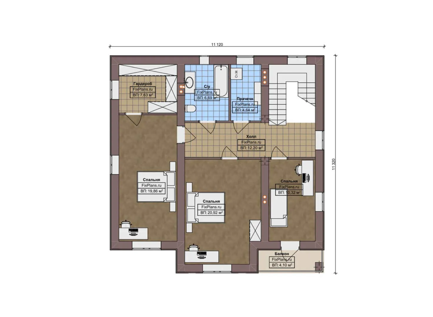 F-12131 - Планы двухэтажного дома 12 на 12, площадью 180 м² с балконом и 4 спальнями