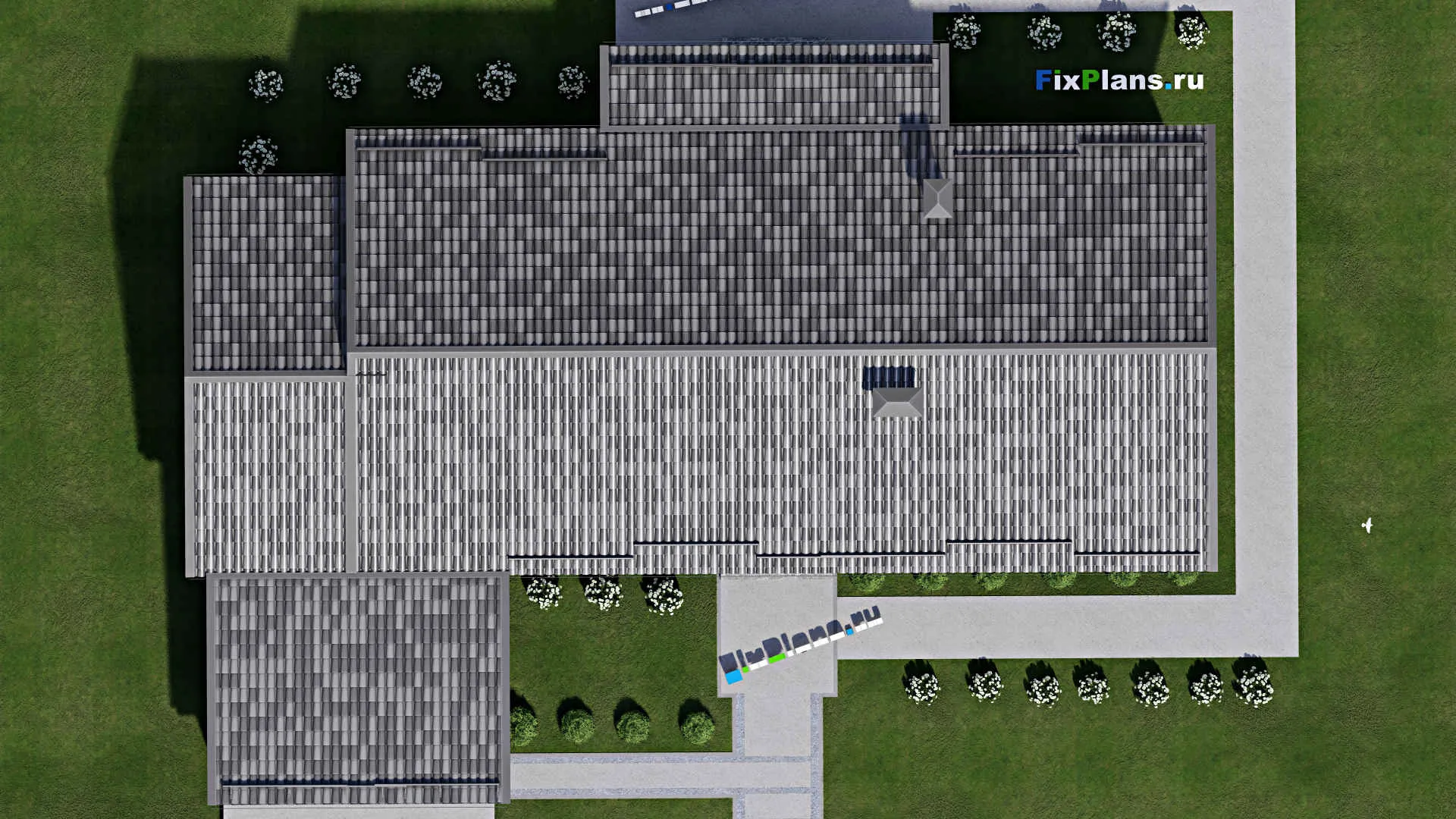 F-10709 - Проект одноэтажного дома 18 на 23, площадью 230 м² с террасой, гаражом на 1 машину и 3 спальнями