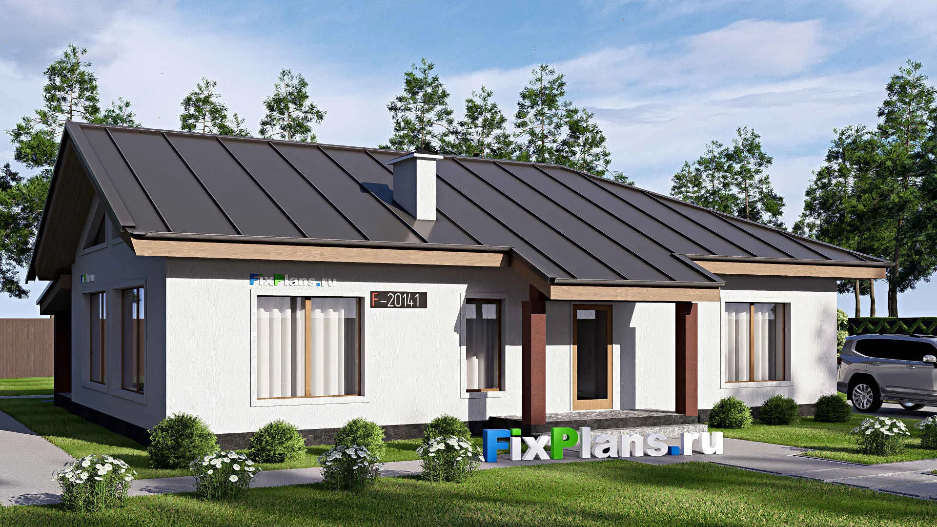 F-20141 - Проект одноэтажного дома 16 на 17, площадью 180 м² с террасой и 3 спальнями