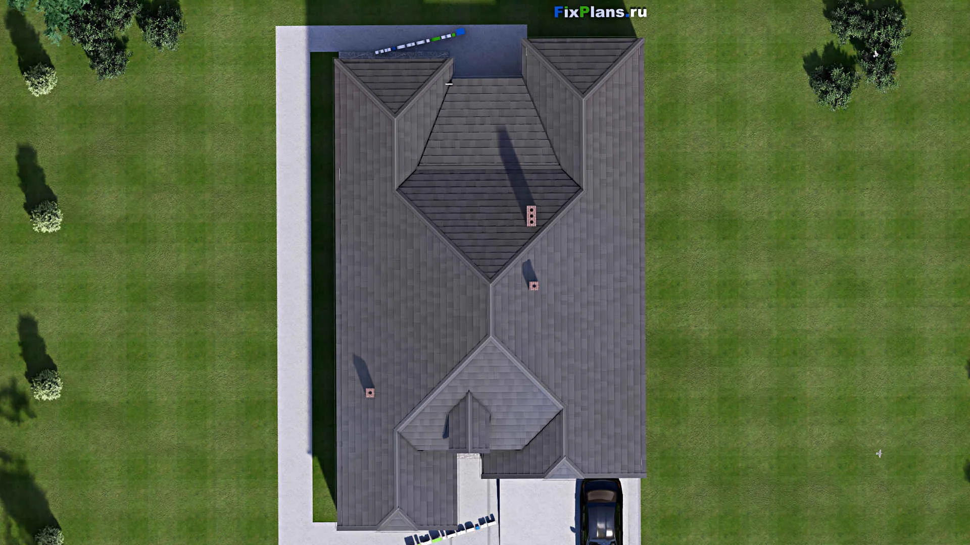 F-16883 - Проект одноэтажного дома 13 на 21, площадью 210 м² с террасой, гаражом на 2 машины и 3 спальнями