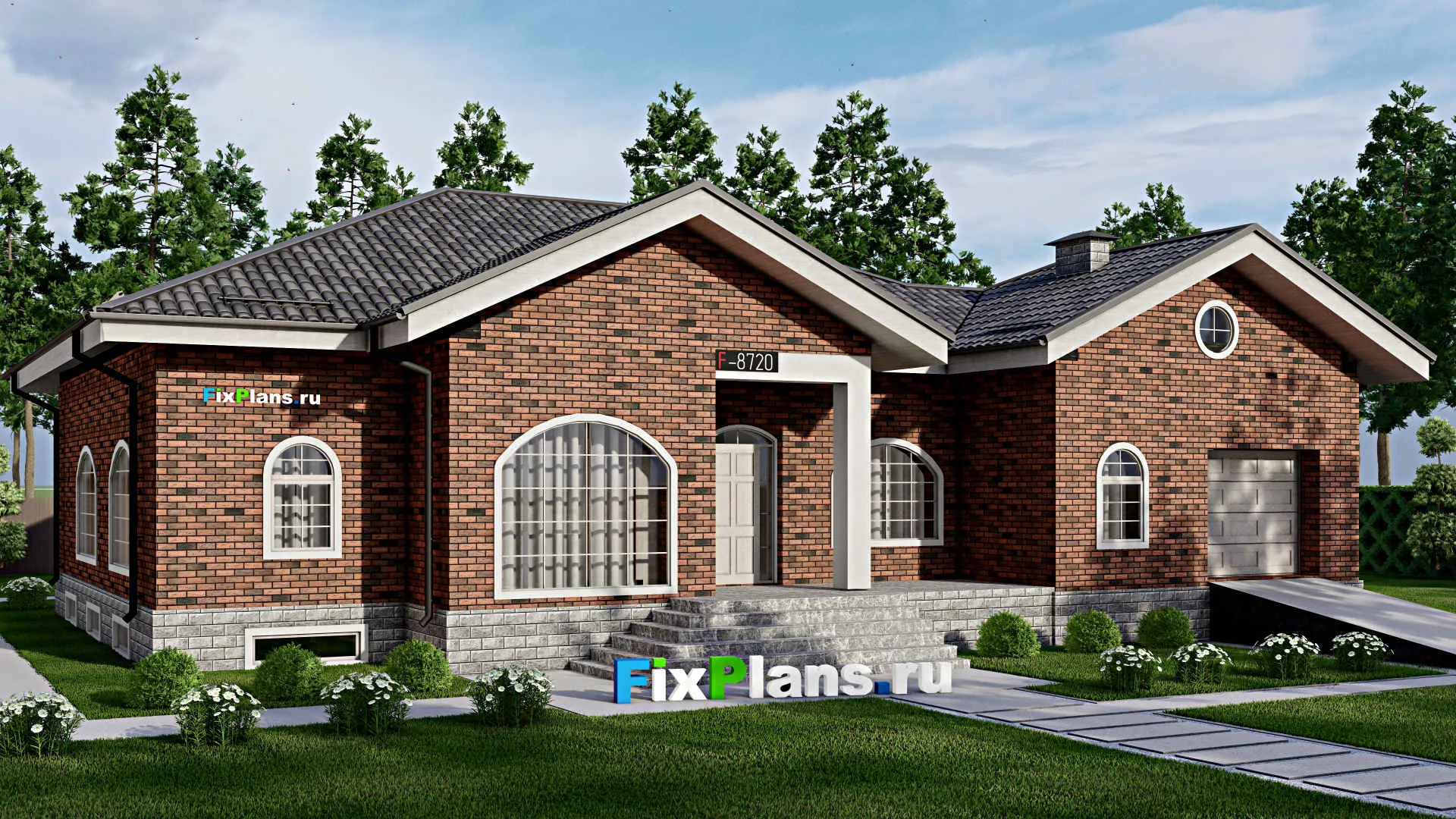 F-8720 - Проект одноэтажного дома 17 на 20, площадью 360 м² с террасой, цокольным этажом и 3 спальнями
