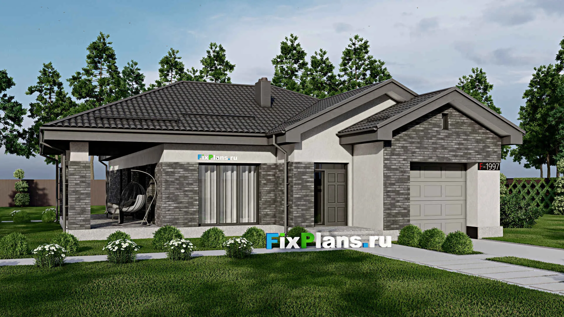 F-1997 - Проект одноэтажного дома 12 на 23, площадью 230 м² с террасой, гаражом на 2 машины и 3 спальнями