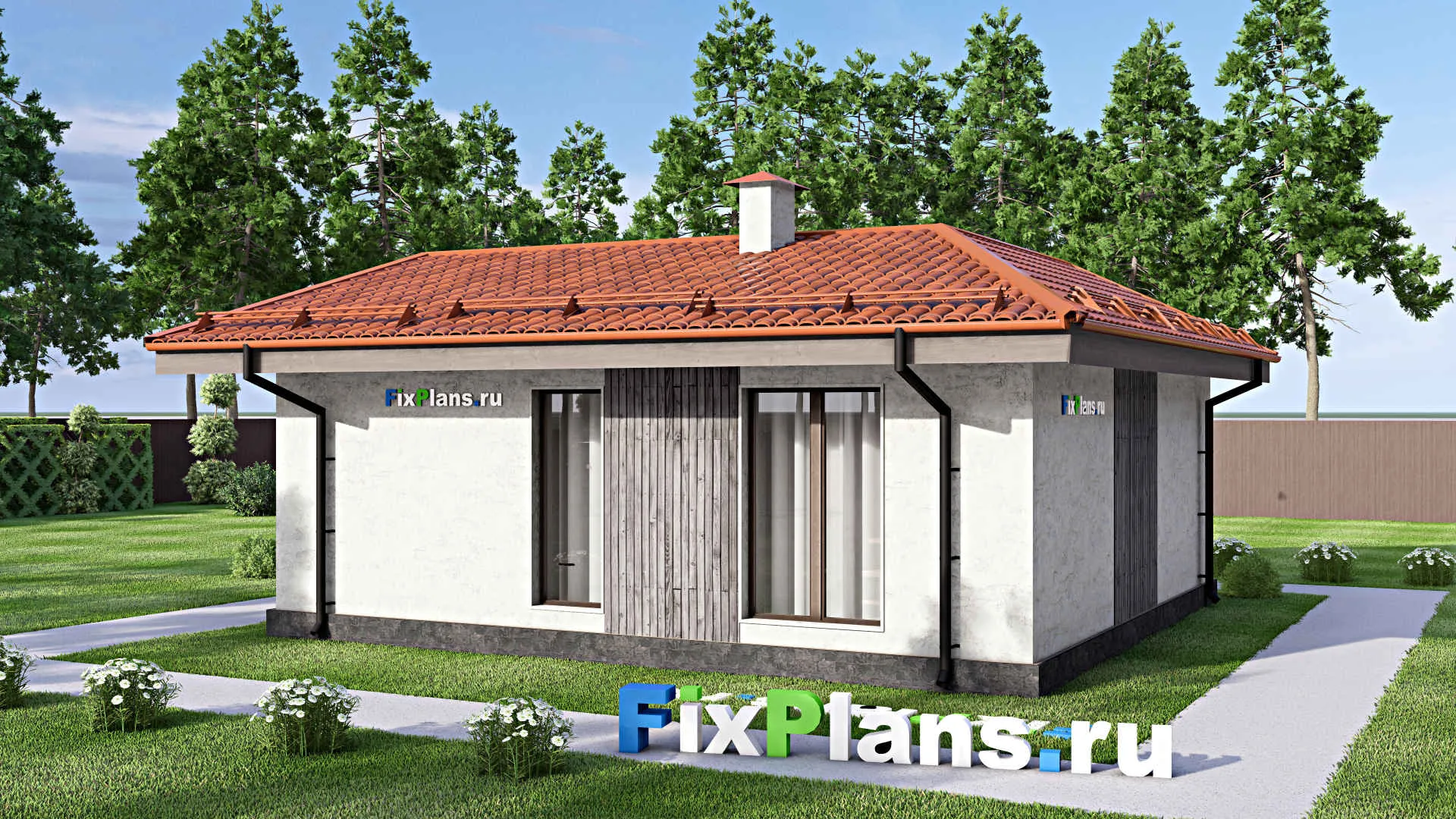 F-12959 - План одноэтажного дома 9 на 9, площадью 60 м² с террасой и 2 спальнями