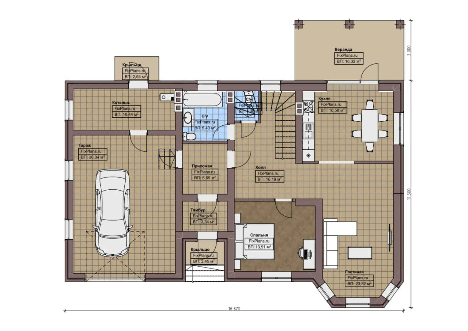 F-1034 - Планы дома с мансардой 12 на 17, площадью 240 м² с террасой, гаражом на 2 машины и 3 спальнями