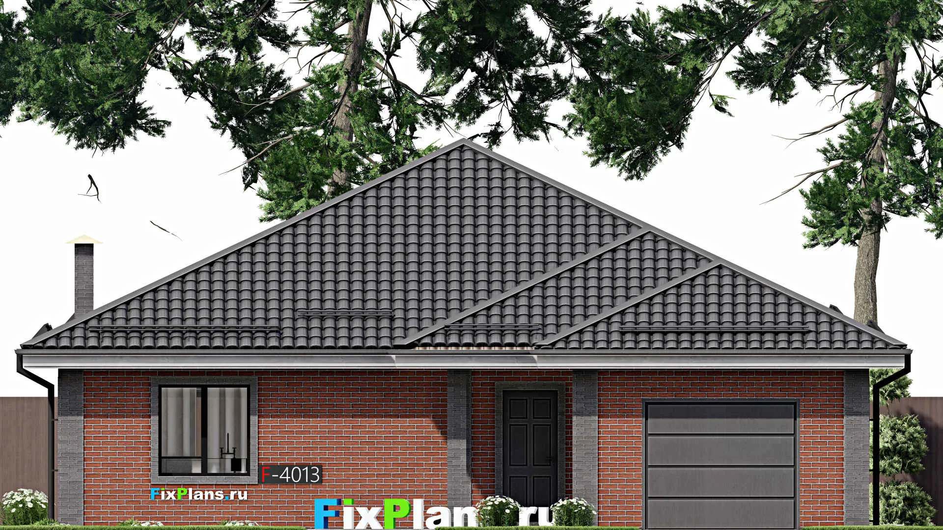F-4013 - Проект одноэтажного дома 13 на 17, площадью 150 м² с террасой, гаражом на 1 машину и 3 спальнями