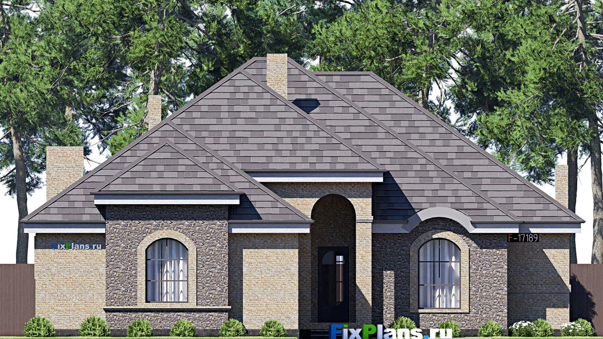 F-17189 - План одноэтажного дома 17 на 28, площадью 280 м² с террасой, гаражом на 2 машины и 3 спальнями