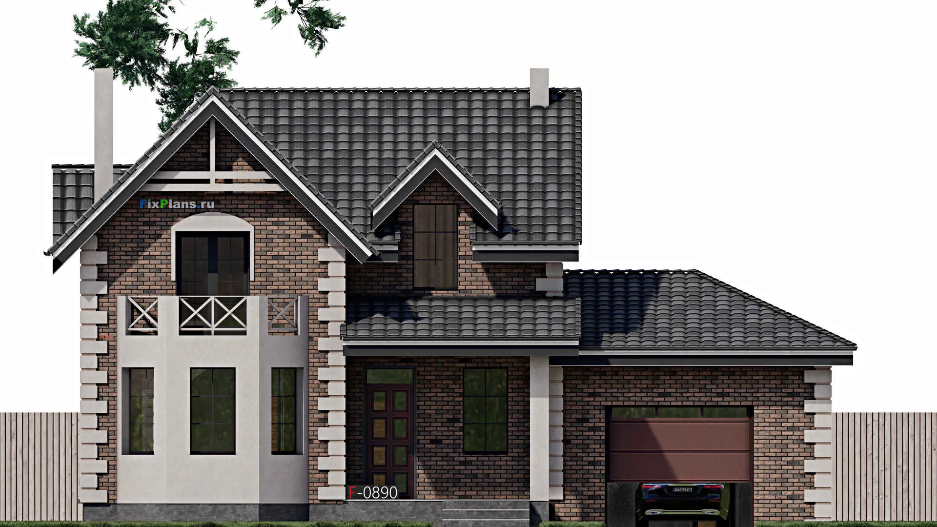 F-0890 - Проект дома с мансардой 15 на 16, площадью 210 м² с балконом, гаражом на 1 машину и 4 спальнями