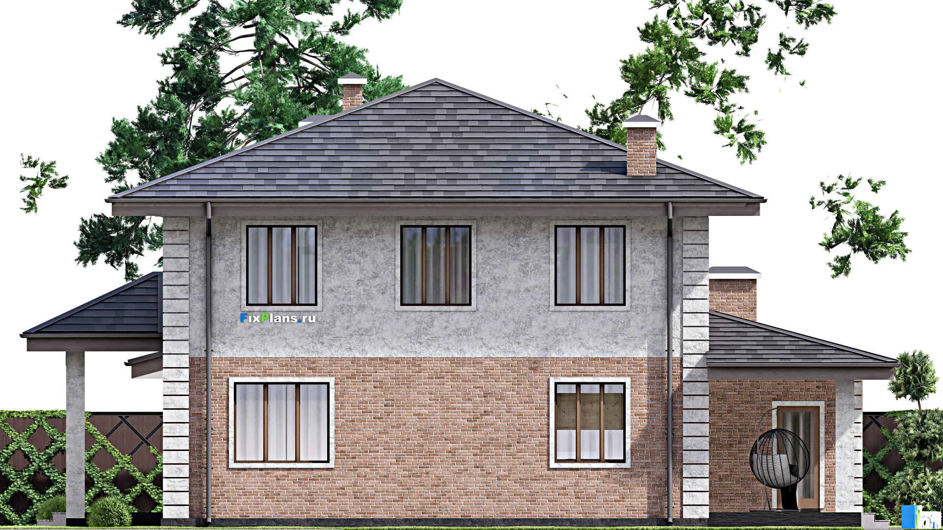 F-14543 - Планы двухэтажного дома 17 на 18, площадью 310 м² с террасой, баней, спортзалом и 6 спальнями