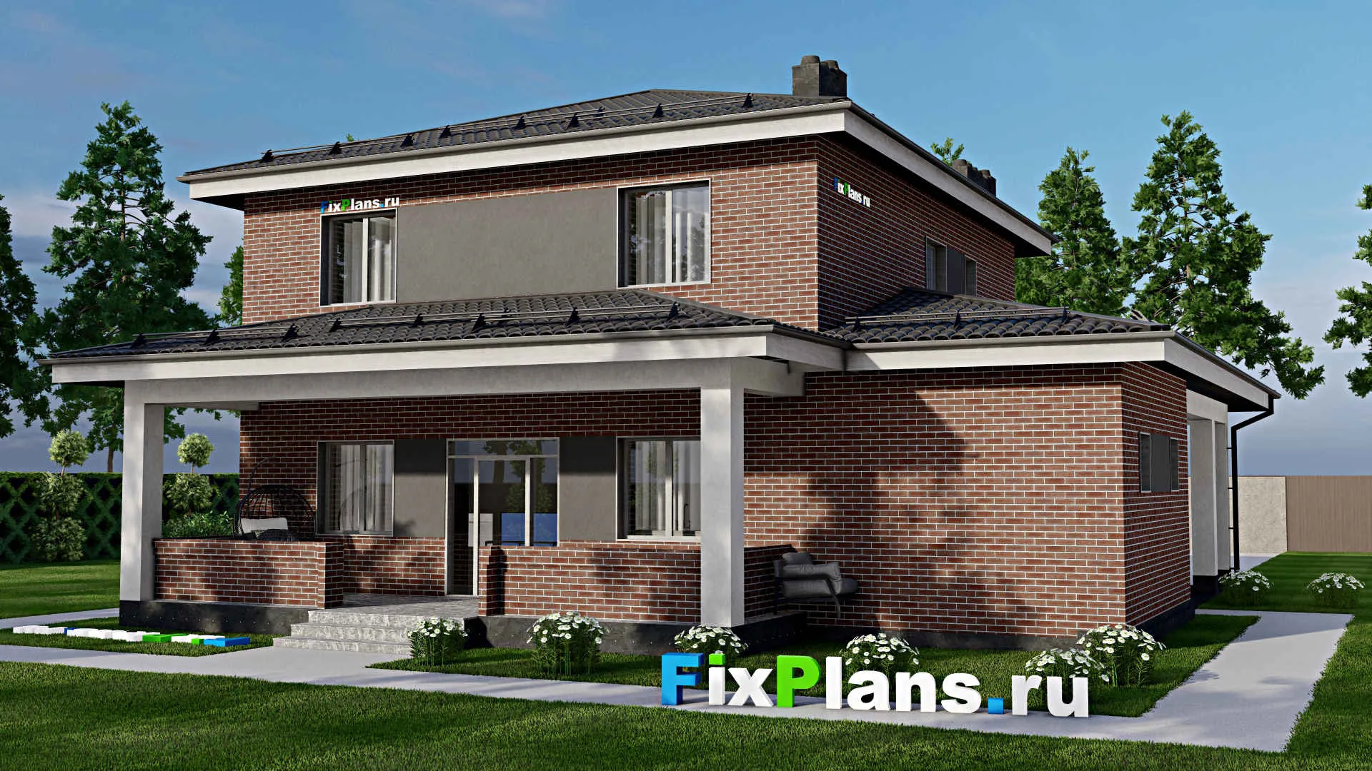 F-3230 - Проект двухэтажного дома 12 на 15, площадью 220 м² с террасой и 3 спальнями