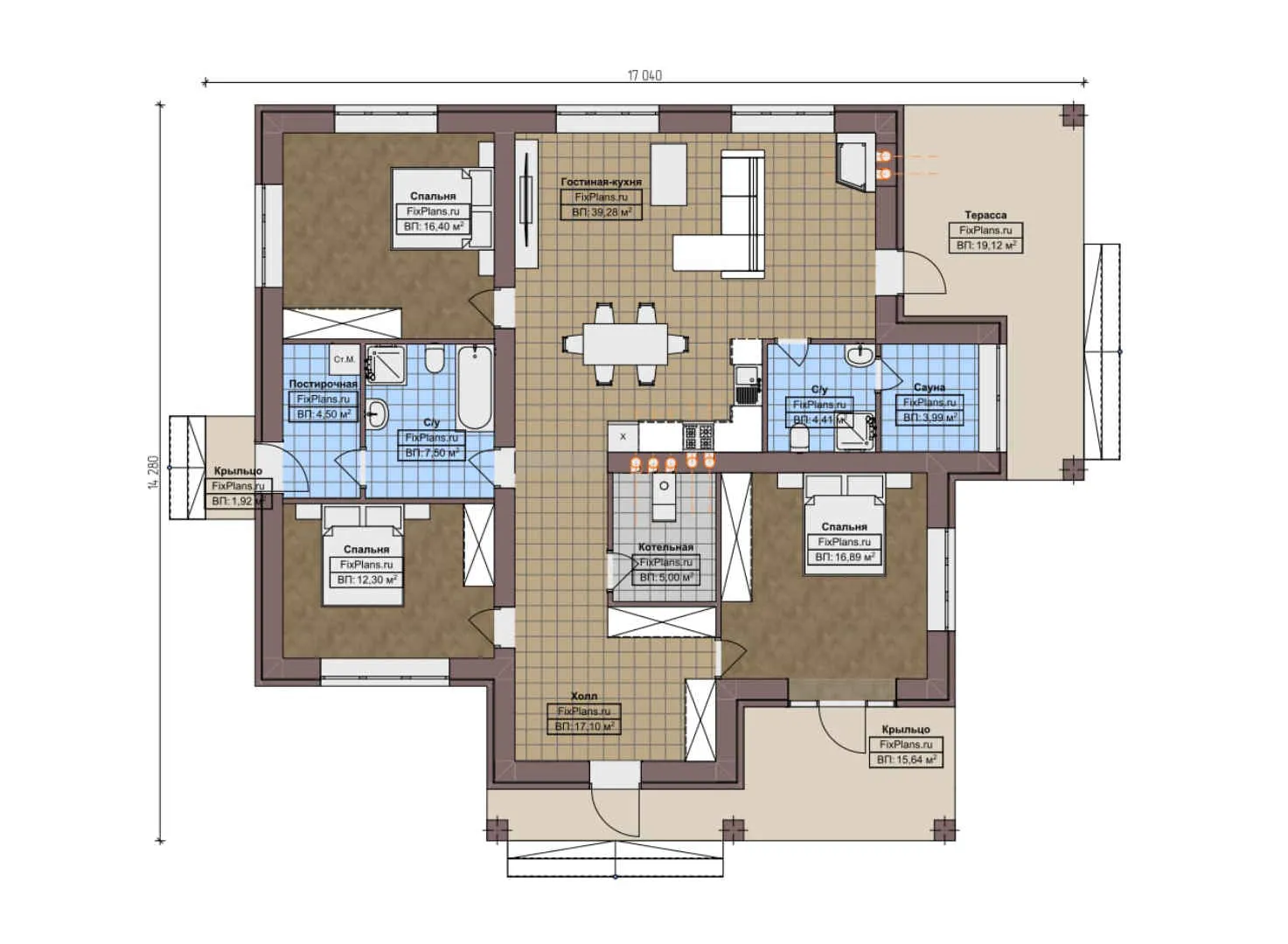 F-5894 - План одноэтажного дома 15 на 18, площадью 170 м² с террасой, баней и 3 спальнями
