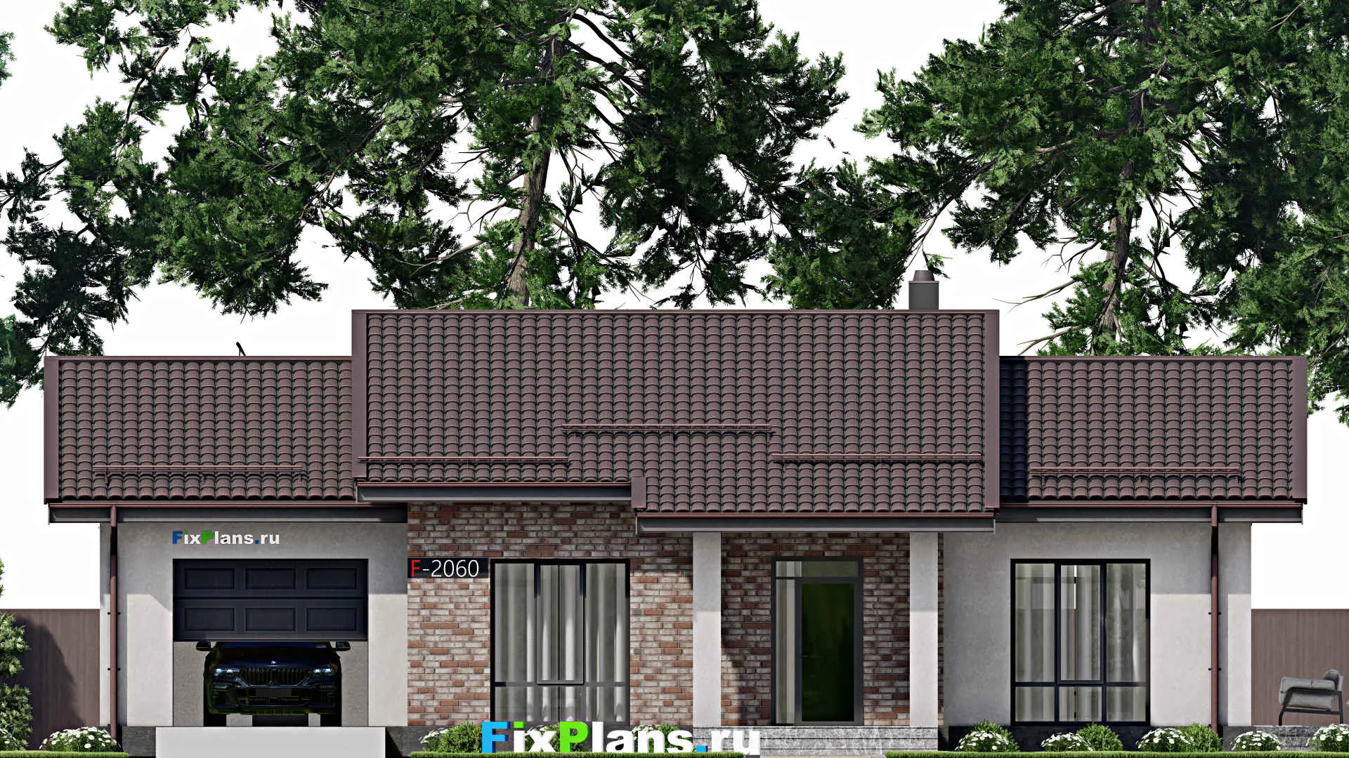 F-2060 - Проект одноэтажного дома 12 на 17, площадью 160 м² с террасой, гаражом на 1 машину и 3 спальнями