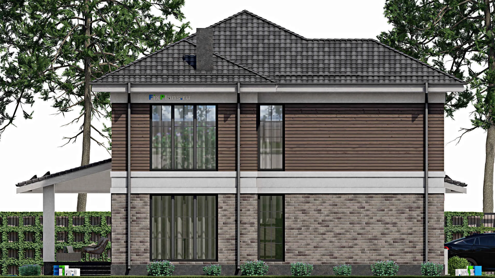 F-2213 - Проект двухэтажного дома 13 на 16, площадью 240 м² с террасой, гаражом на 1 машину и 3 спальнями