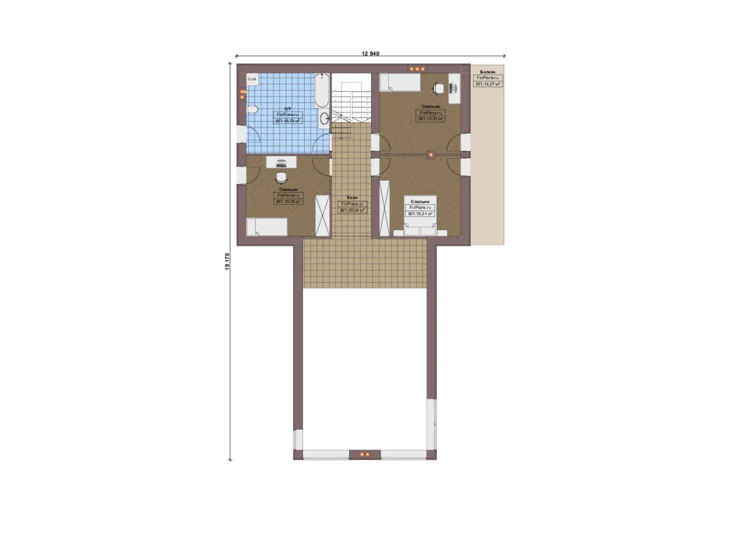 F-19682 - Планы дома с мансардой 16 на 22, площадью 350 м² с террасой, балконом и 4 спальнями