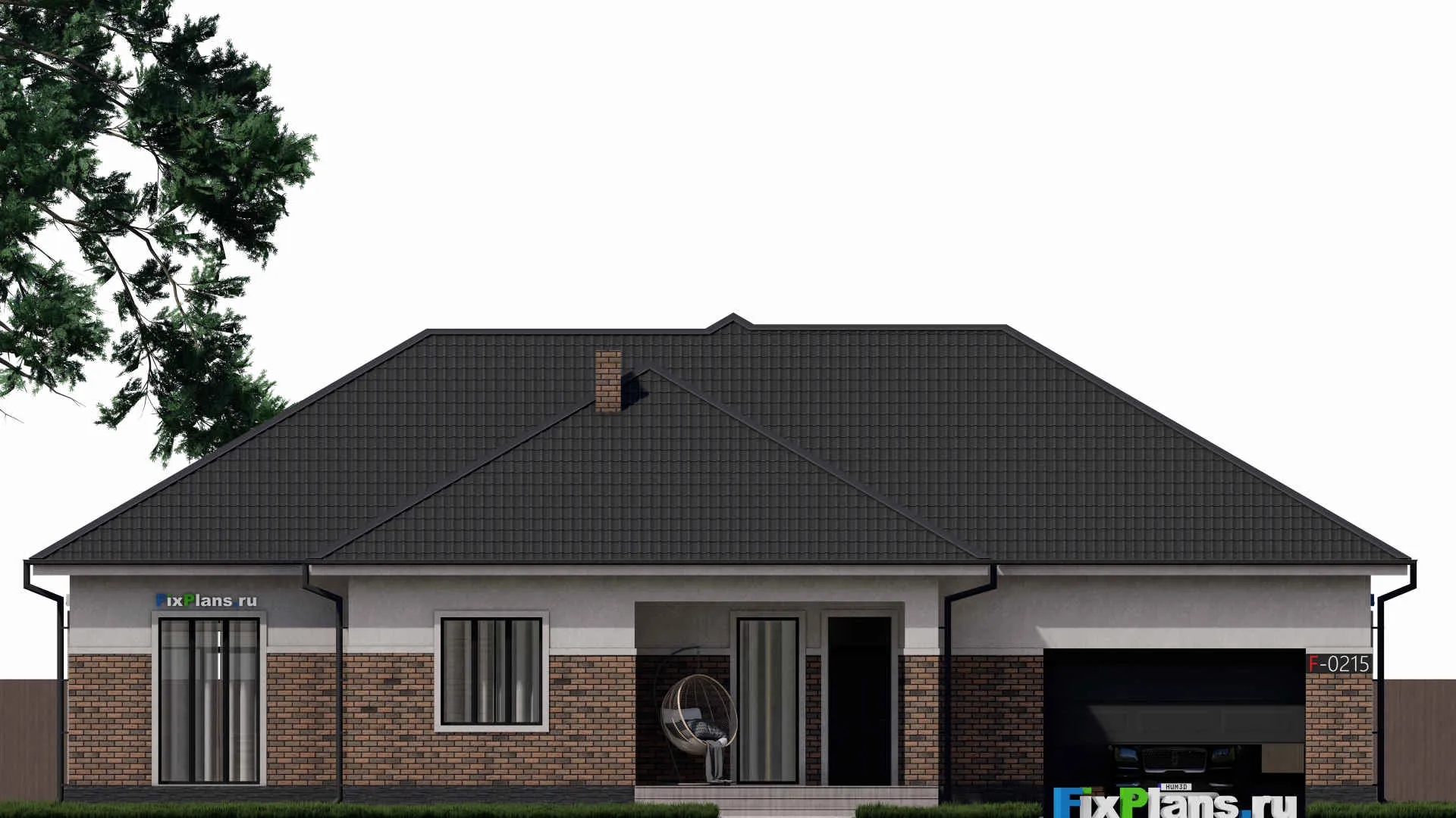 F-0215 - Проект одноэтажного дома 18 на 20, площадью 230 м² с террасой, гаражом на 2 машины и 3 спальнями