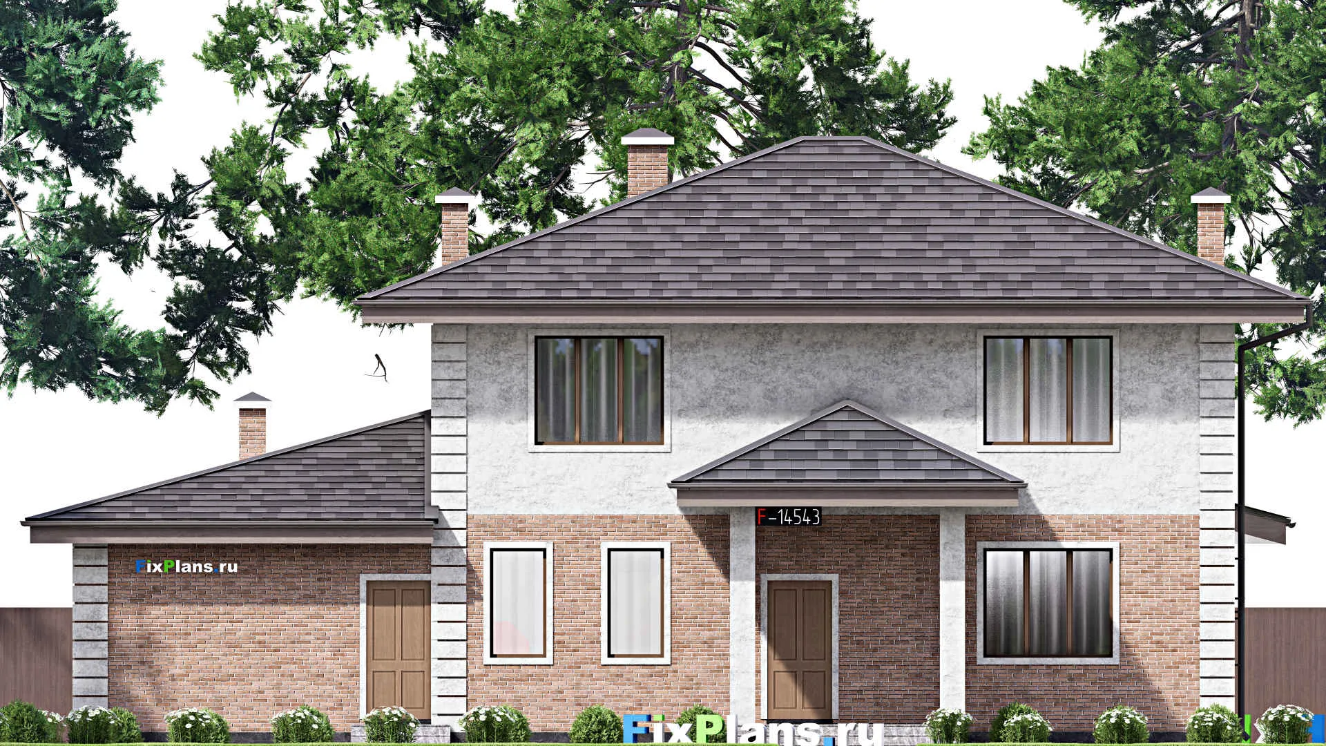 F-14543 - Планы двухэтажного дома 17 на 18, площадью 310 м² с террасой, баней, спортзалом и 6 спальнями