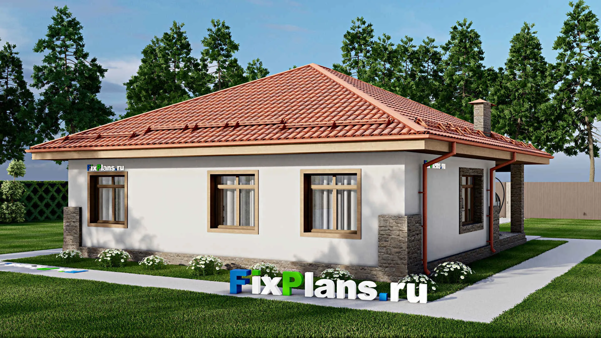 F-8495 - План одноэтажного дома 12 на 13, площадью 120 м² с террасой и 3 спальнями