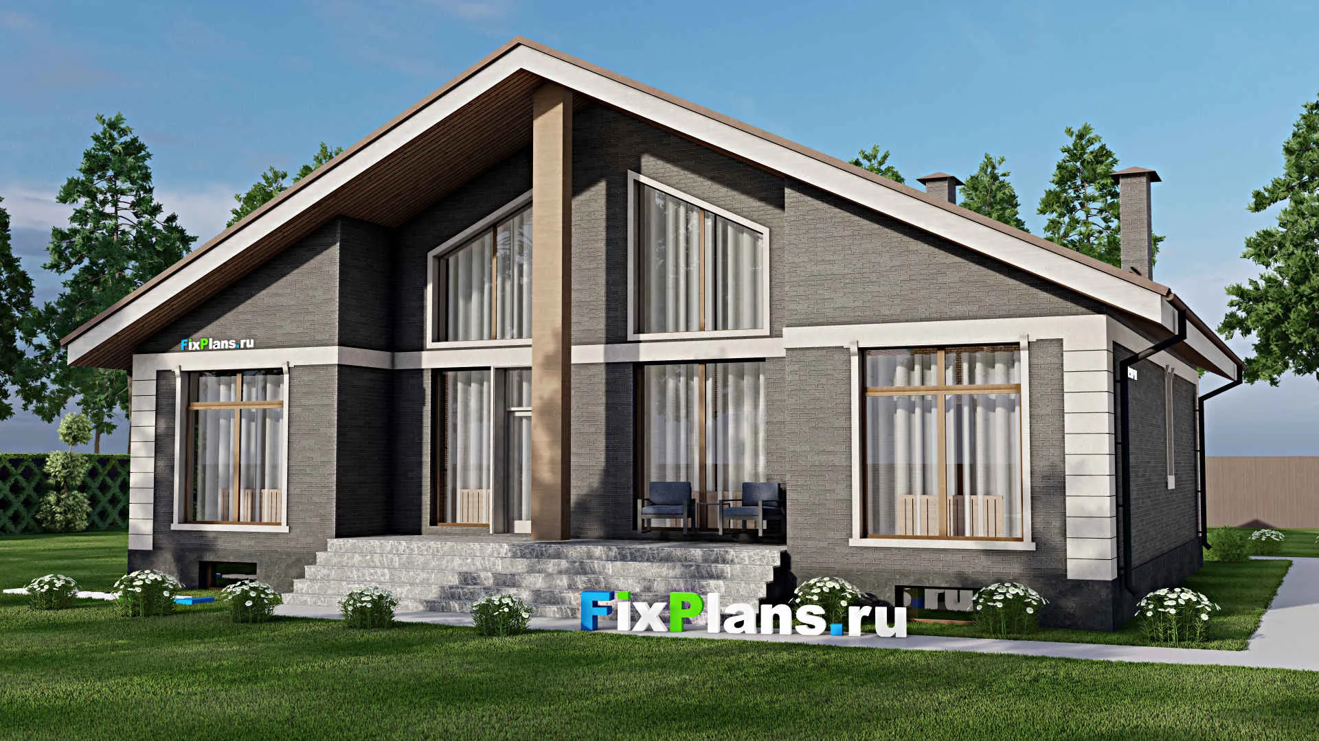 F-12383 - Проект одноэтажного дома 14 на 16, площадью 320 м² с террасой, цокольным этажом и 4 спальнями