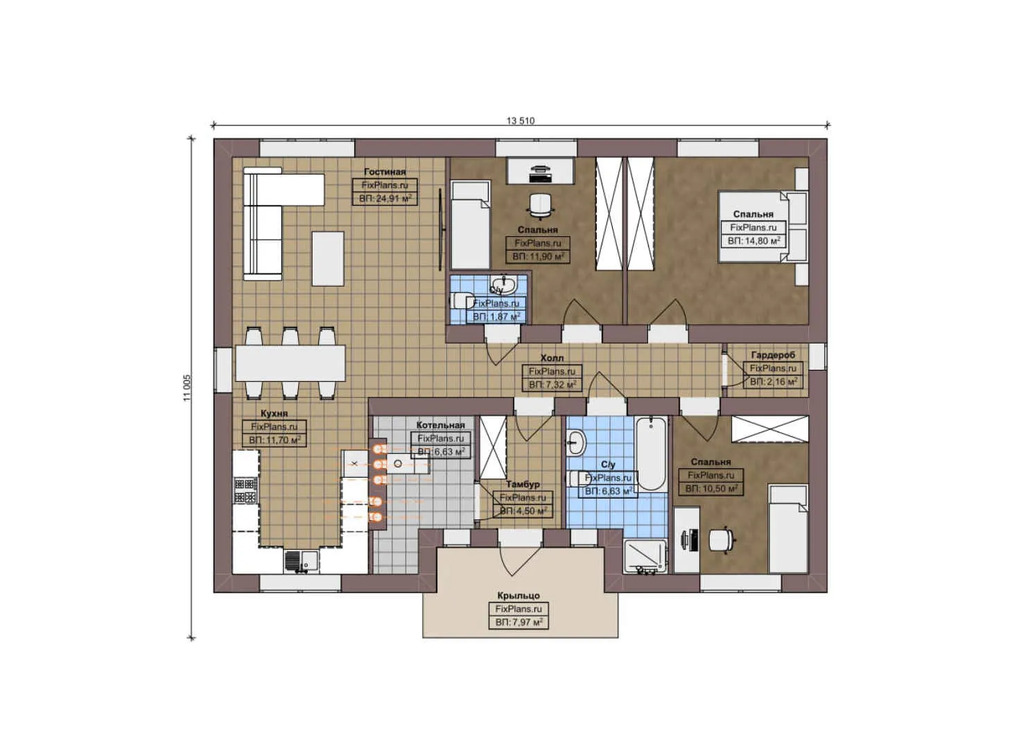 F-7703 - План одноэтажного дома 12 на 14, площадью 120 м² с 3 спальнями