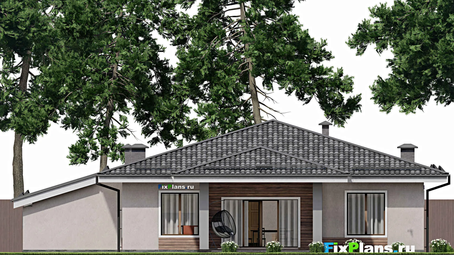 F-10286 - Проект одноэтажного дома 18 на 20, площадью 190 м² с террасой, гаражом на 1 машину и 4 спальнями